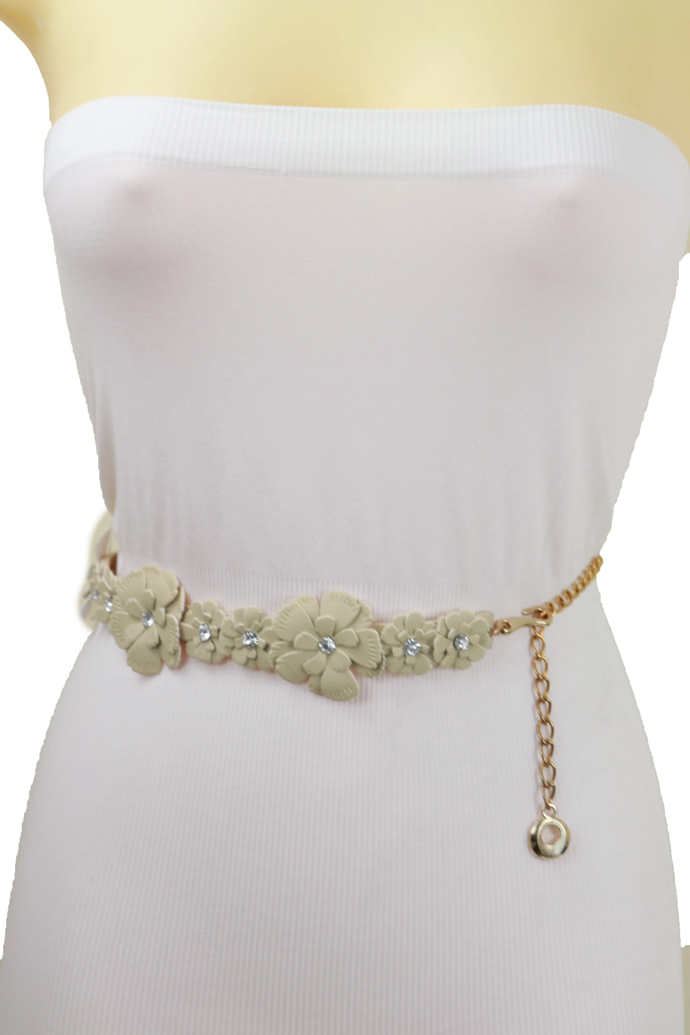 Cream Fabric Flower Charms Belt Wrap Around Fit Size S M L