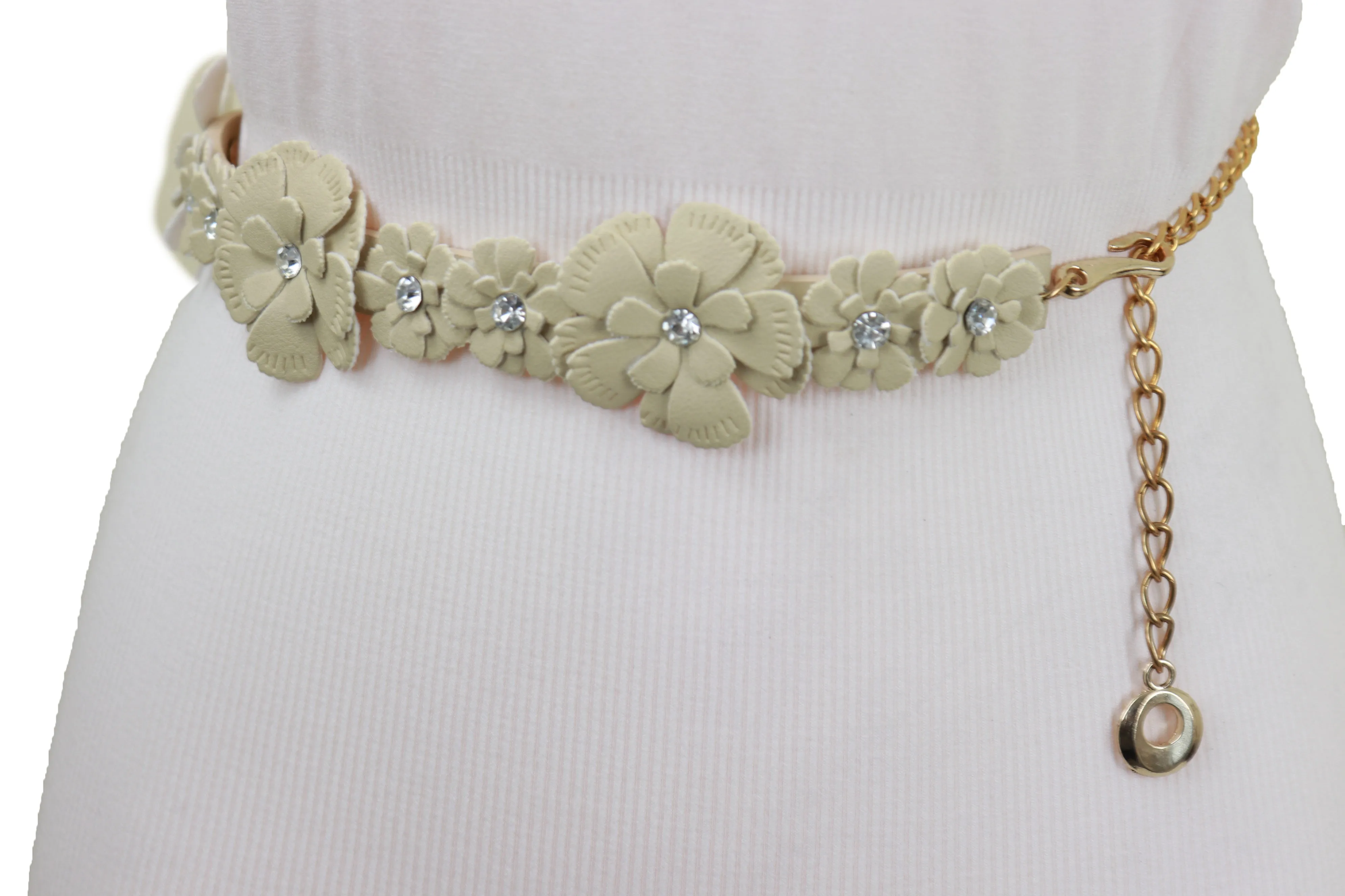 Cream Fabric Flower Charms Belt Wrap Around Fit Size S M L