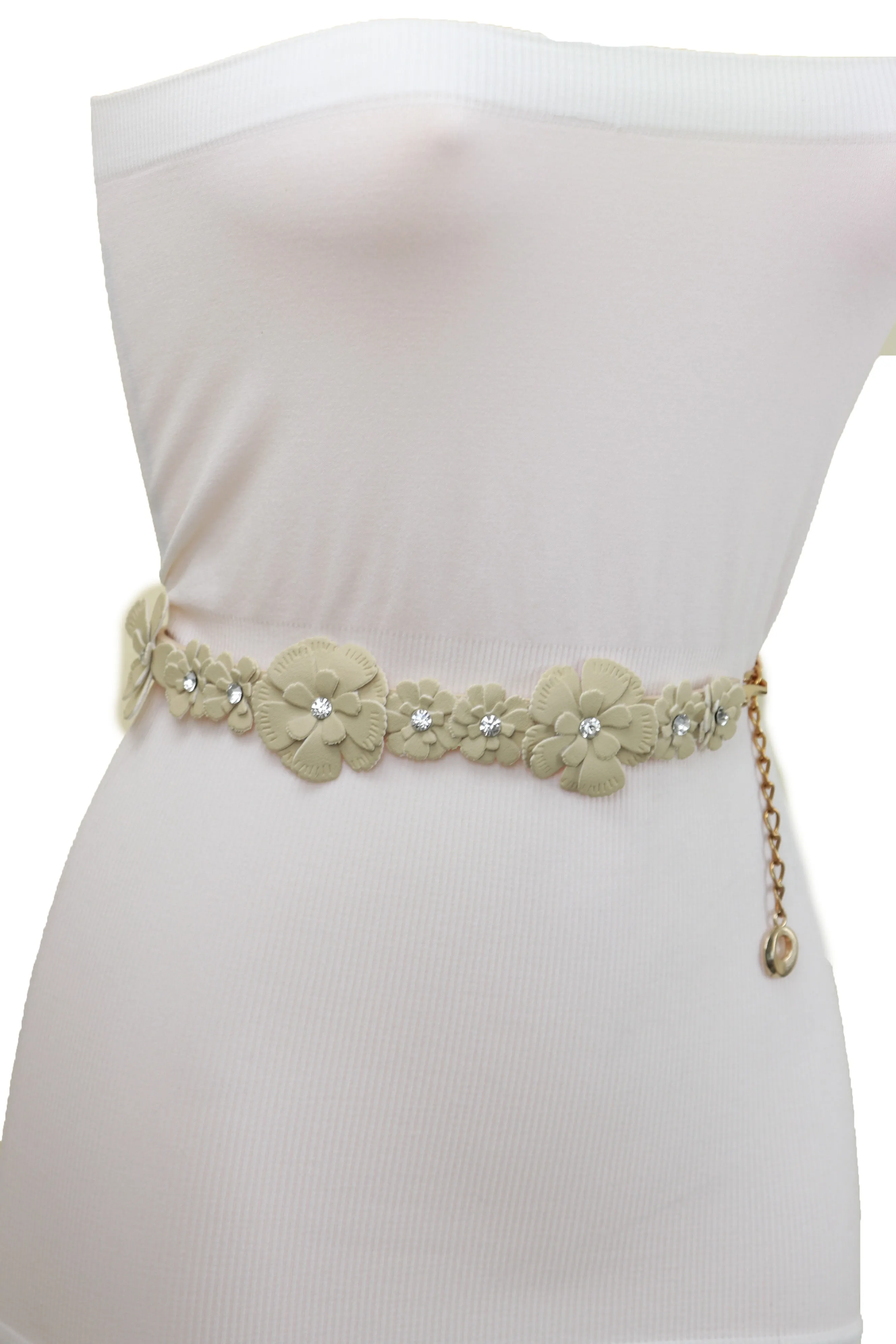 Cream Fabric Flower Charms Belt Wrap Around Fit Size S M L