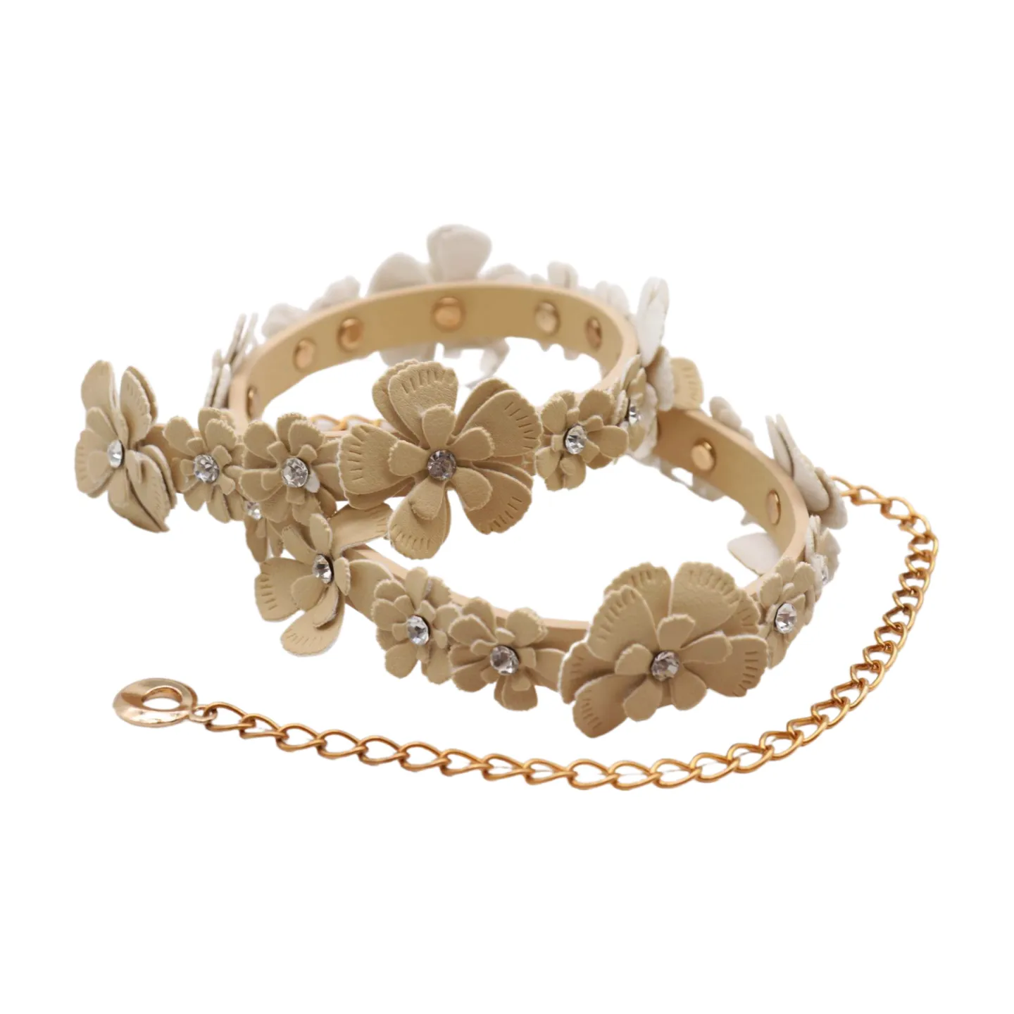 Cream Fabric Flower Charms Belt Wrap Around Fit Size S M L
