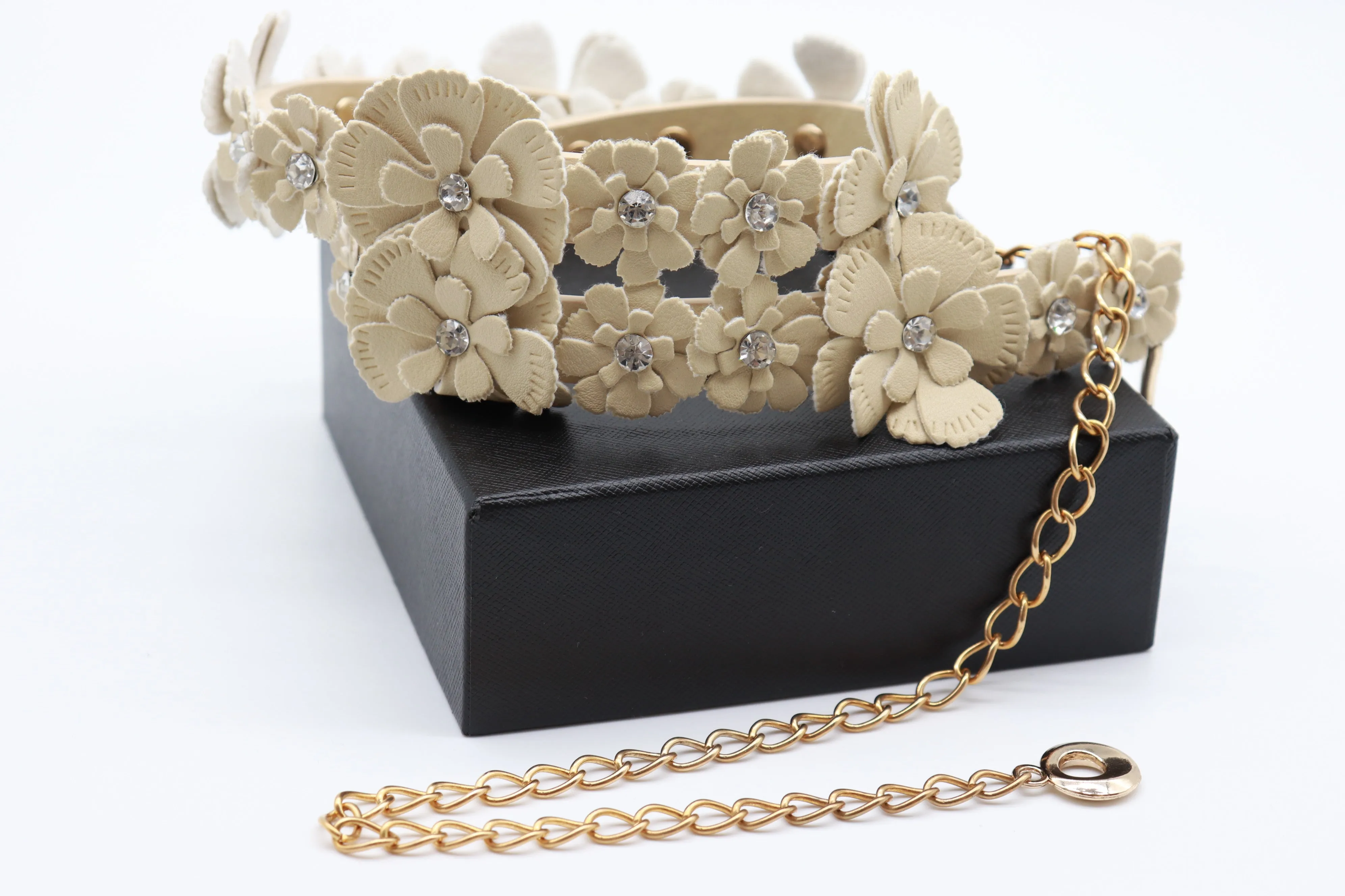 Cream Fabric Flower Charms Belt Wrap Around Fit Size S M L