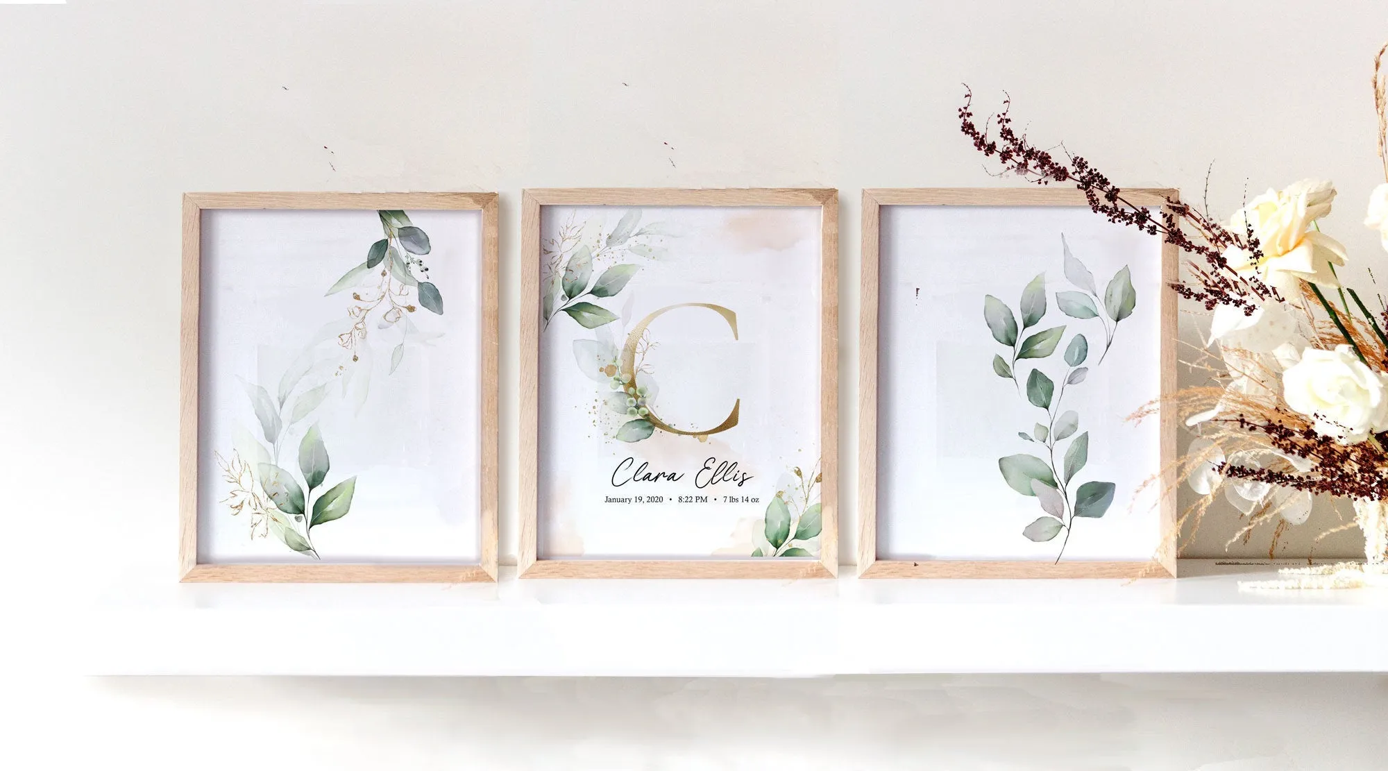 Custom Name Nursery Wall Art with Green Leaves and Gold - Set of three prints