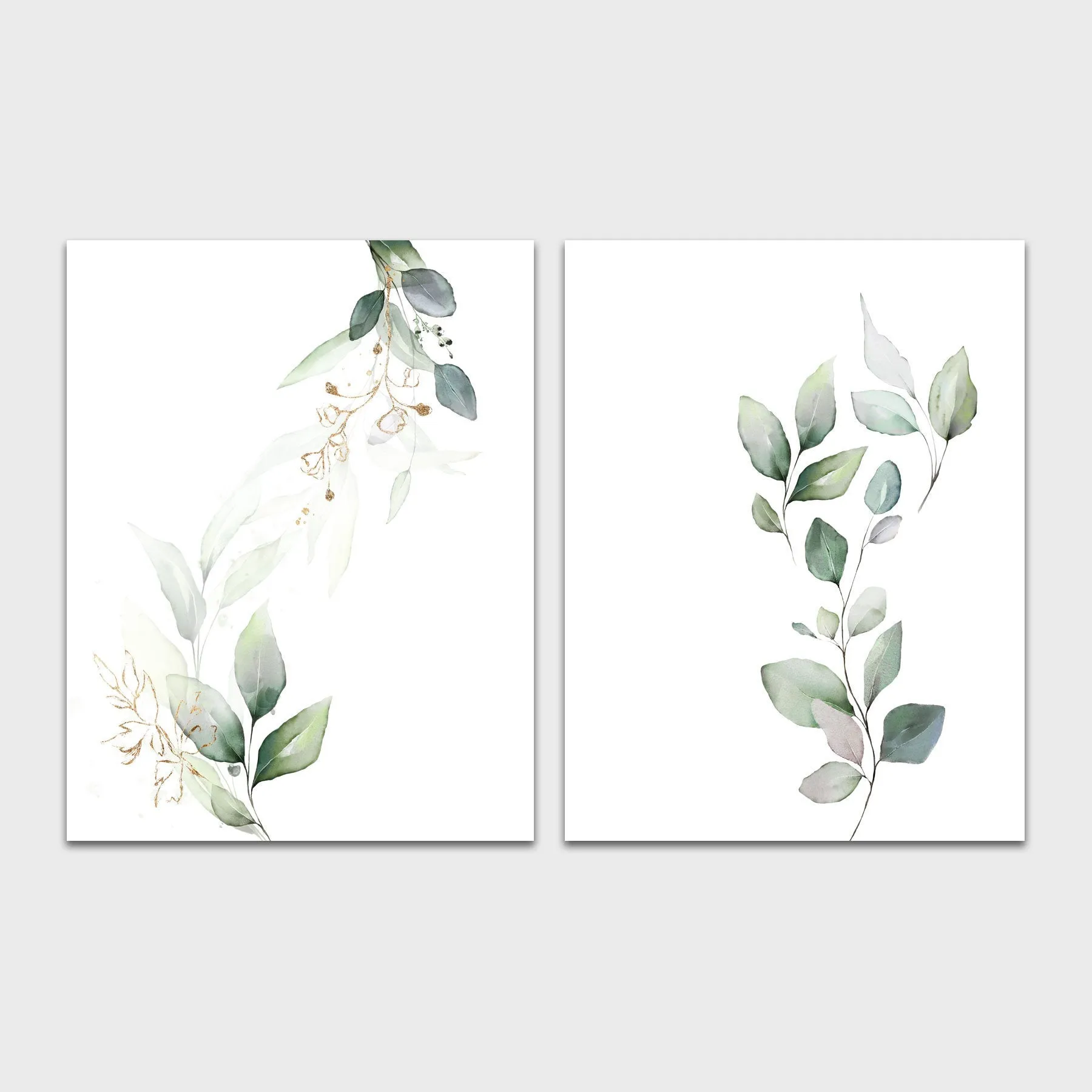 Custom Name Nursery Wall Art with Green Leaves and Gold - Set of three prints