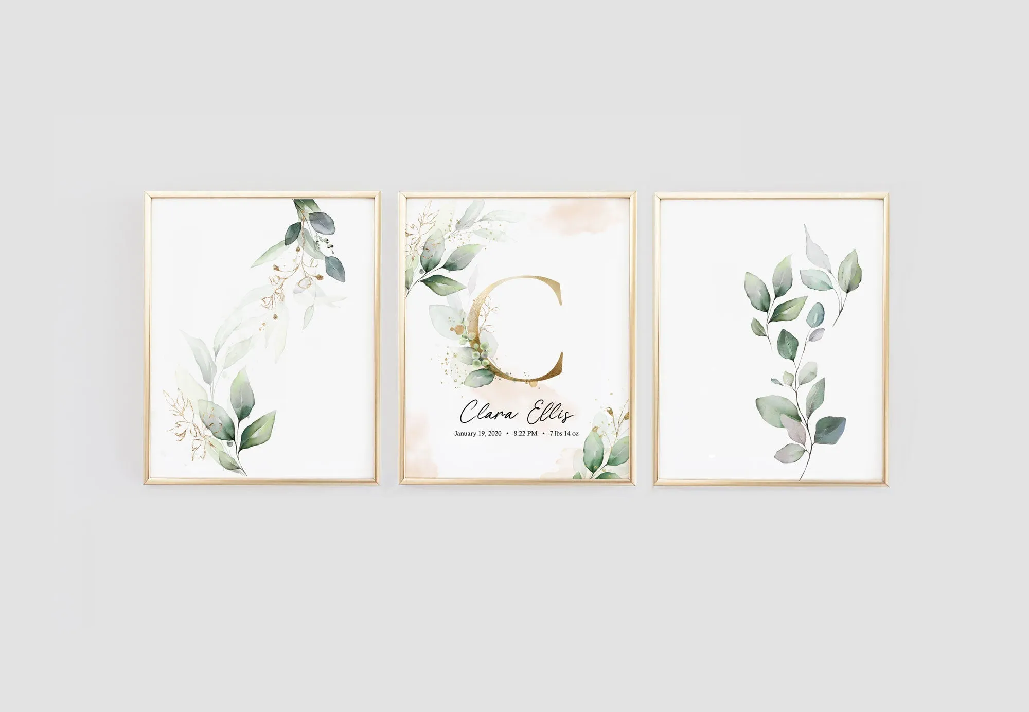 Custom Name Nursery Wall Art with Green Leaves and Gold - Set of three prints
