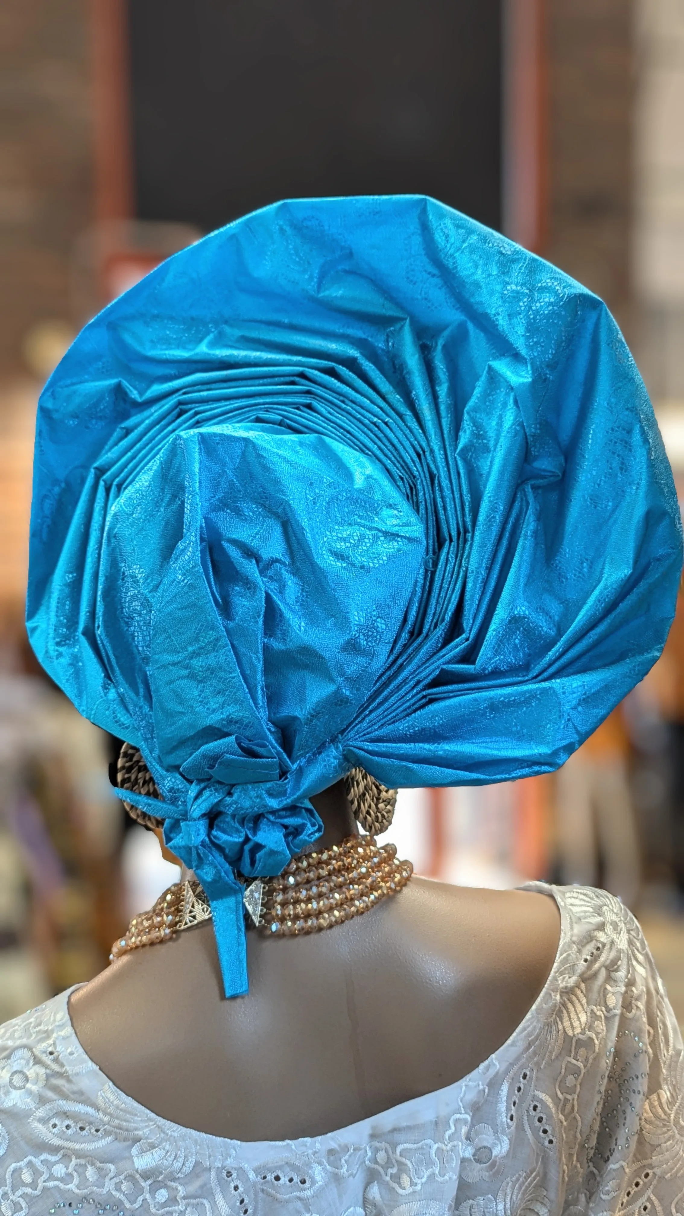 Dupsie's Ireti Crown Blue Autogele Ready Gele Pre-tied Head Wrap DPAGTB32