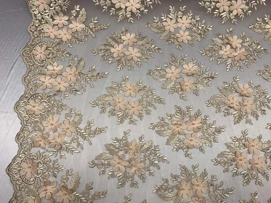Embroider 3D Flowers Peach Bridal Floral Beaded Mesh Lace Fabric By The Yard
