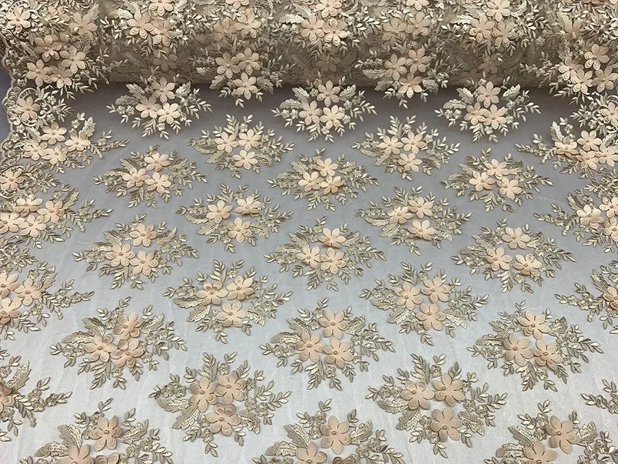 Embroider 3D Flowers Peach Bridal Floral Beaded Mesh Lace Fabric By The Yard