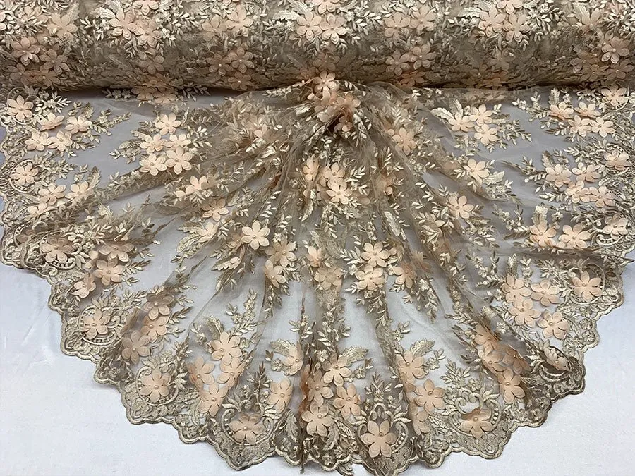Embroider 3D Flowers Peach Bridal Floral Beaded Mesh Lace Fabric By The Yard