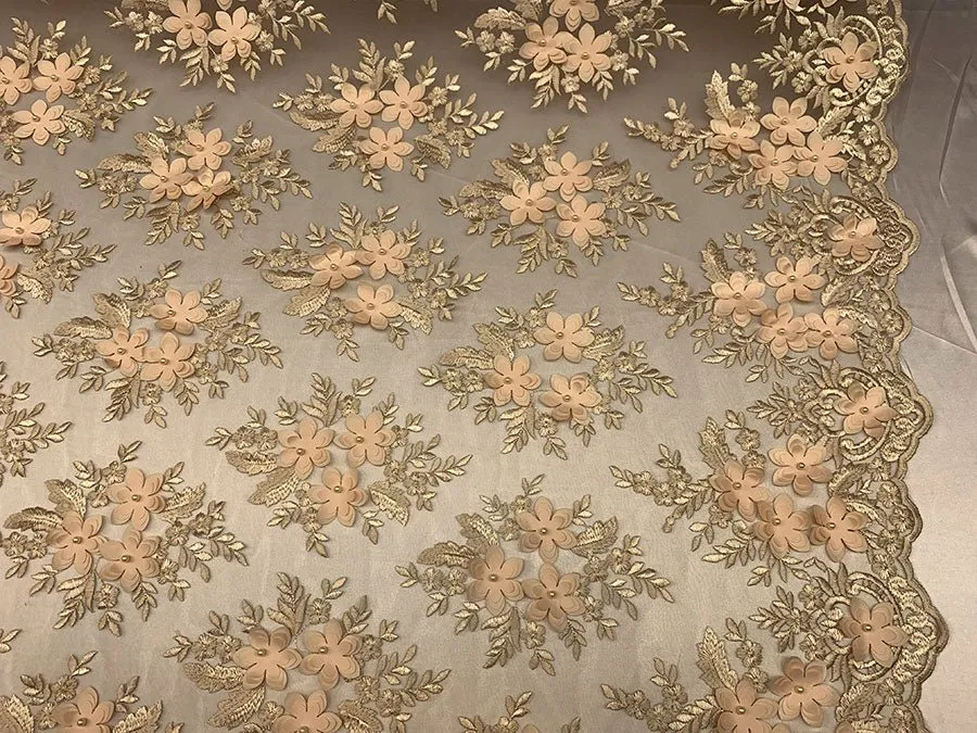 Embroider 3D Flowers Peach Bridal Floral Beaded Mesh Lace Fabric By The Yard