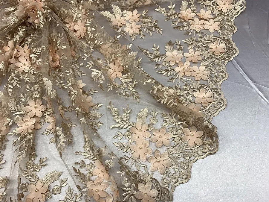 Embroider 3D Flowers Peach Bridal Floral Beaded Mesh Lace Fabric By The Yard