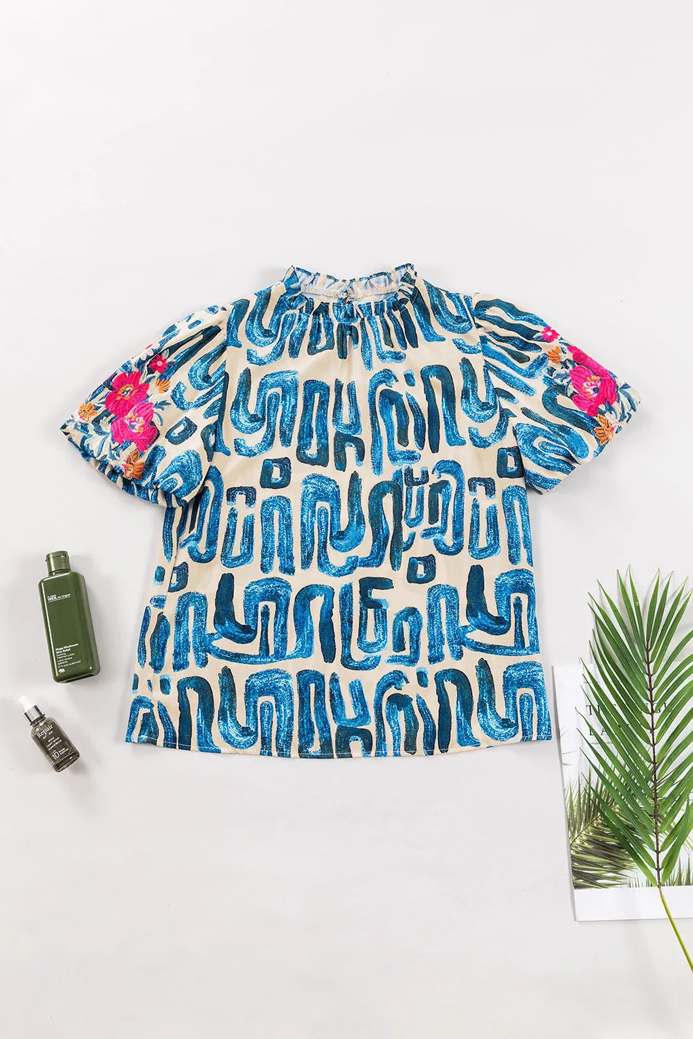 Embroidered Puff Sleeve Frilled Neck Printed Top