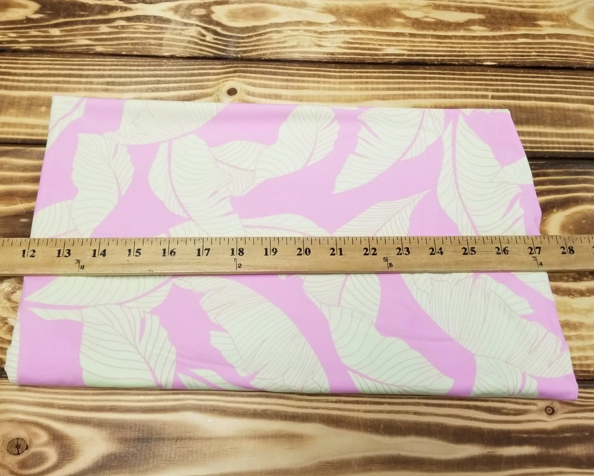 End of BOlt: 1-1/8th yards of Nylon Spandex Pink and Taupe Beige Resort wear Leaves Swim/Activewear Knit- remnant