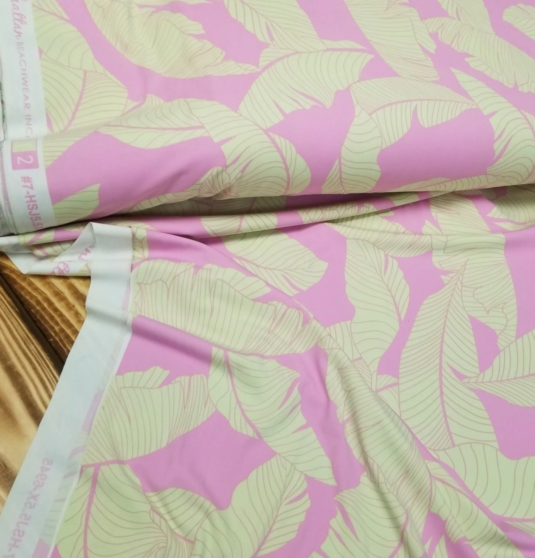 End of BOlt: 1-1/8th yards of Nylon Spandex Pink and Taupe Beige Resort wear Leaves Swim/Activewear Knit- remnant
