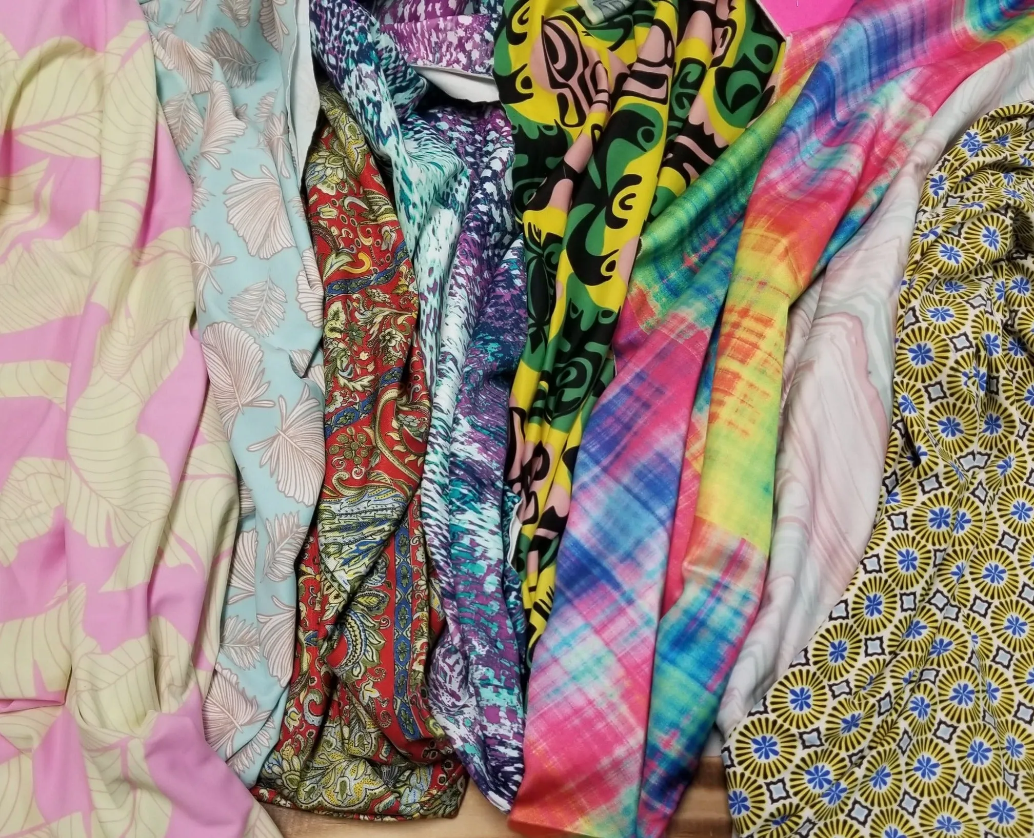 End of BOlt: 1-1/8th yards of Nylon Spandex Pink and Taupe Beige Resort wear Leaves Swim/Activewear Knit- remnant