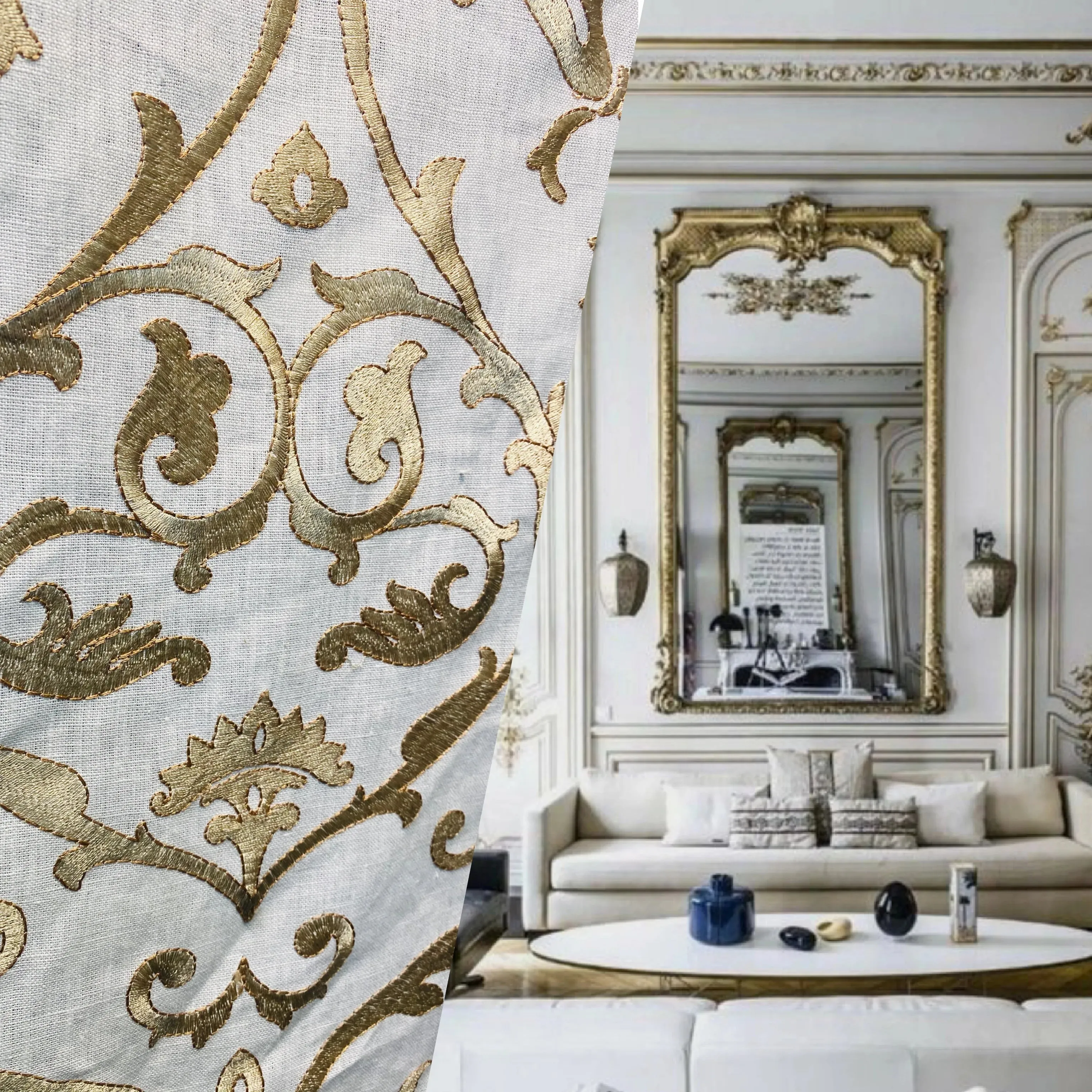 Fat Quarter: Duchess Dahlia Novelty Belgium Imported 100% Linen Embroidered Medallion Fabric Gold