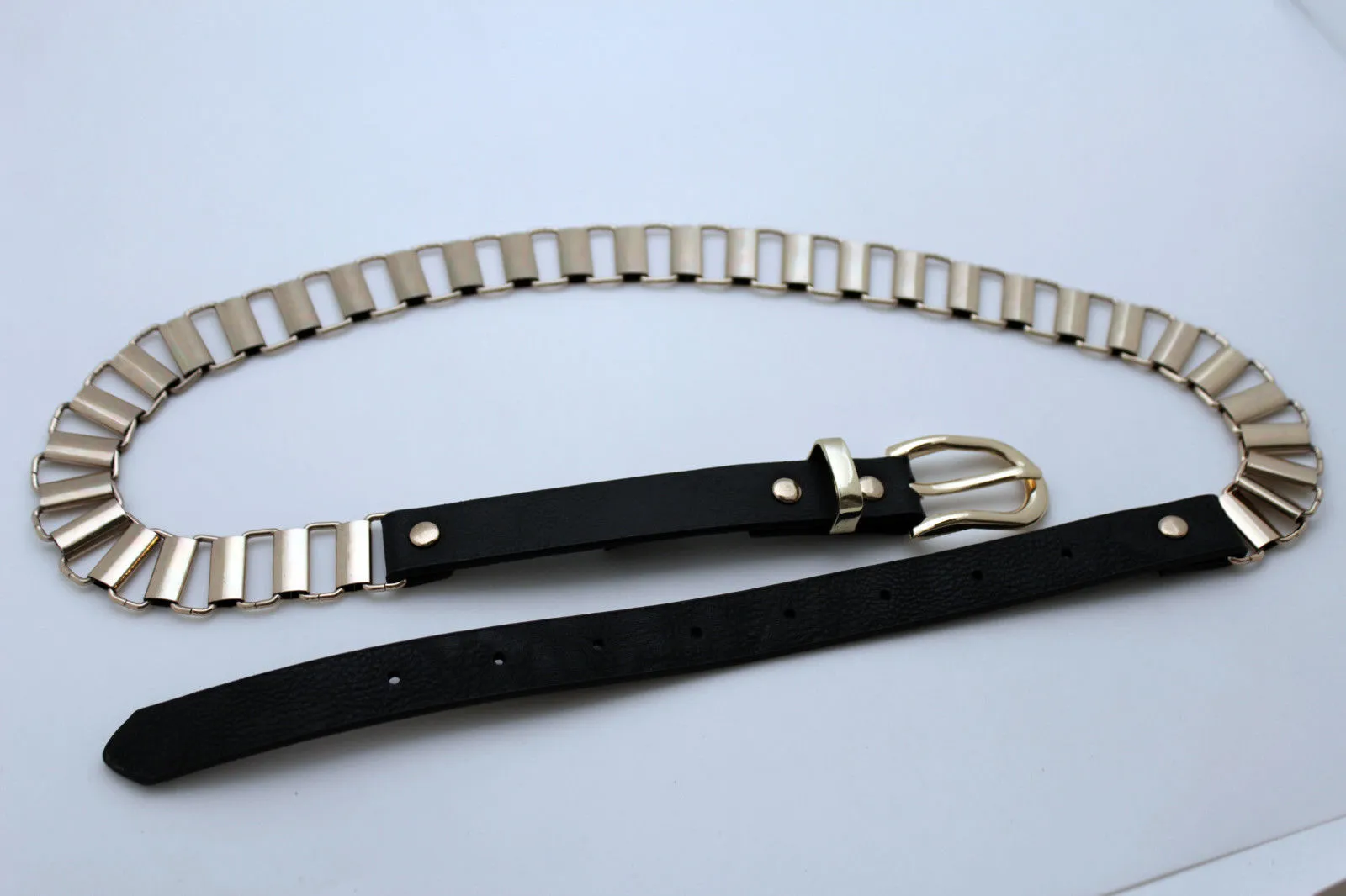 Faux Leather & Gold Metal Chain Links Skinny Belt S M