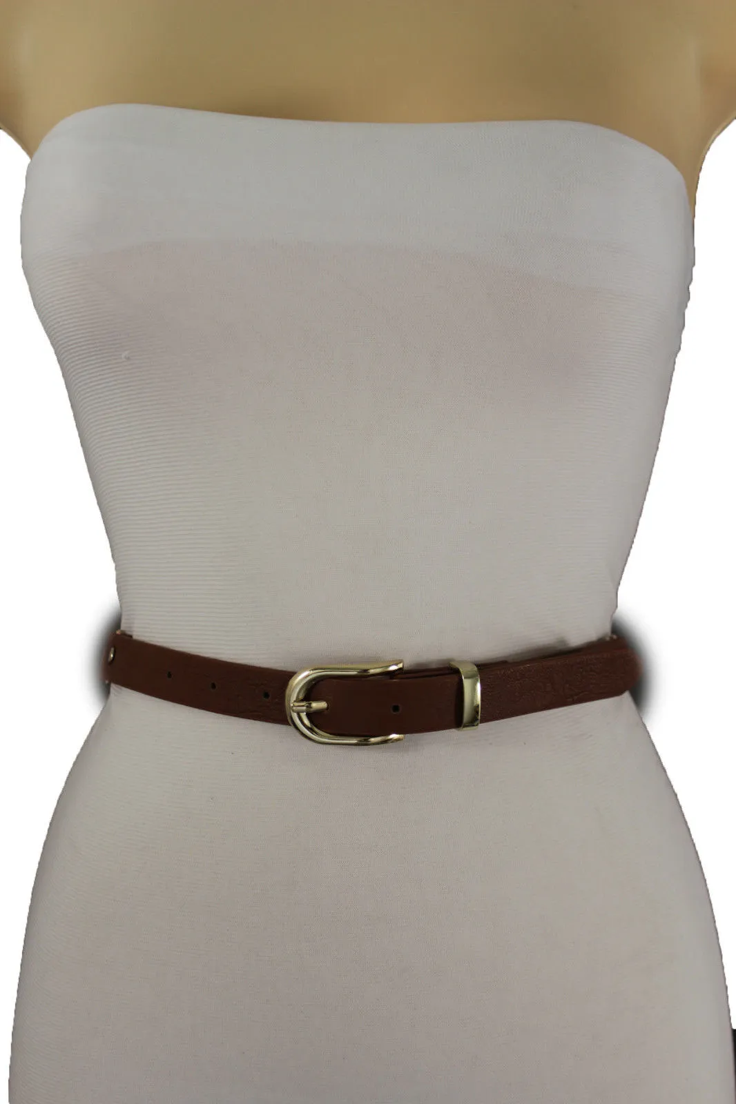 Faux Leather & Gold Metal Chain Links Skinny Belt S M
