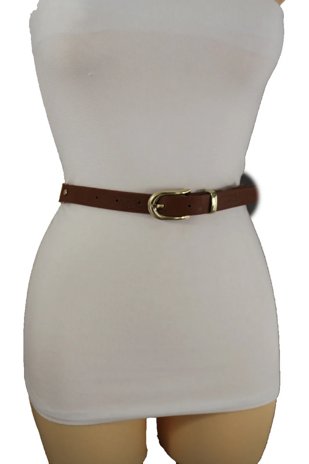 Faux Leather & Gold Metal Chain Links Skinny Belt S M
