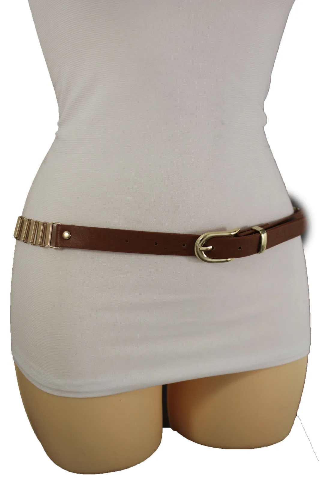 Faux Leather & Gold Metal Chain Links Skinny Belt S M