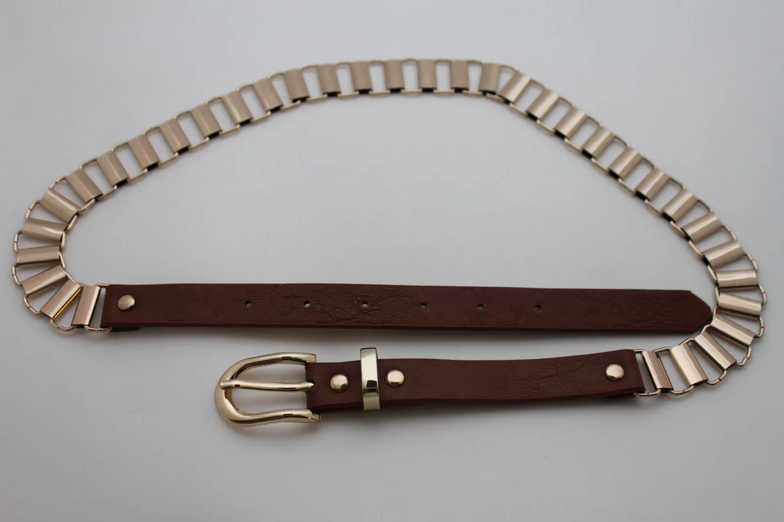Faux Leather & Gold Metal Chain Links Skinny Belt S M