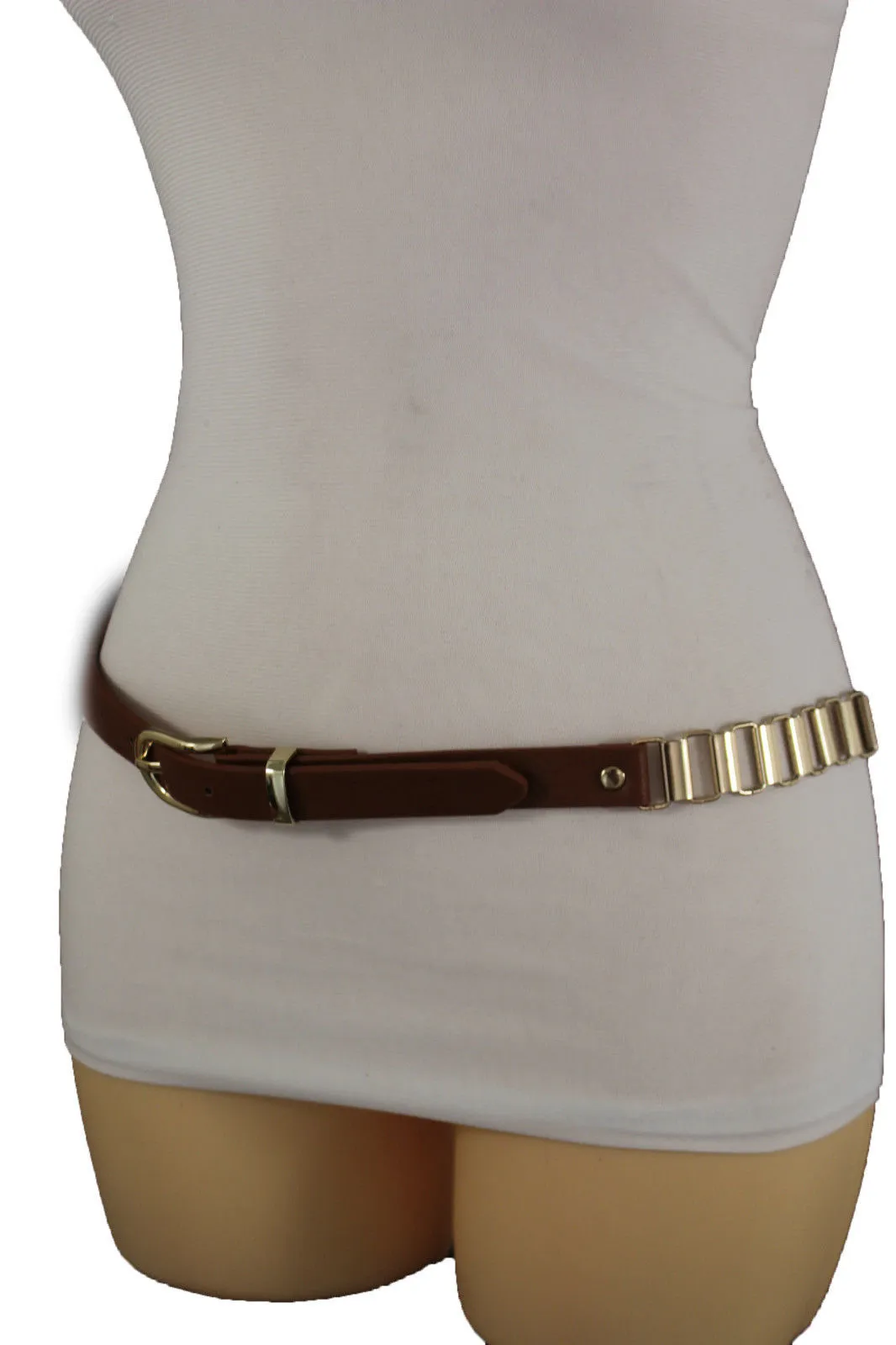 Faux Leather & Gold Metal Chain Links Skinny Belt S M