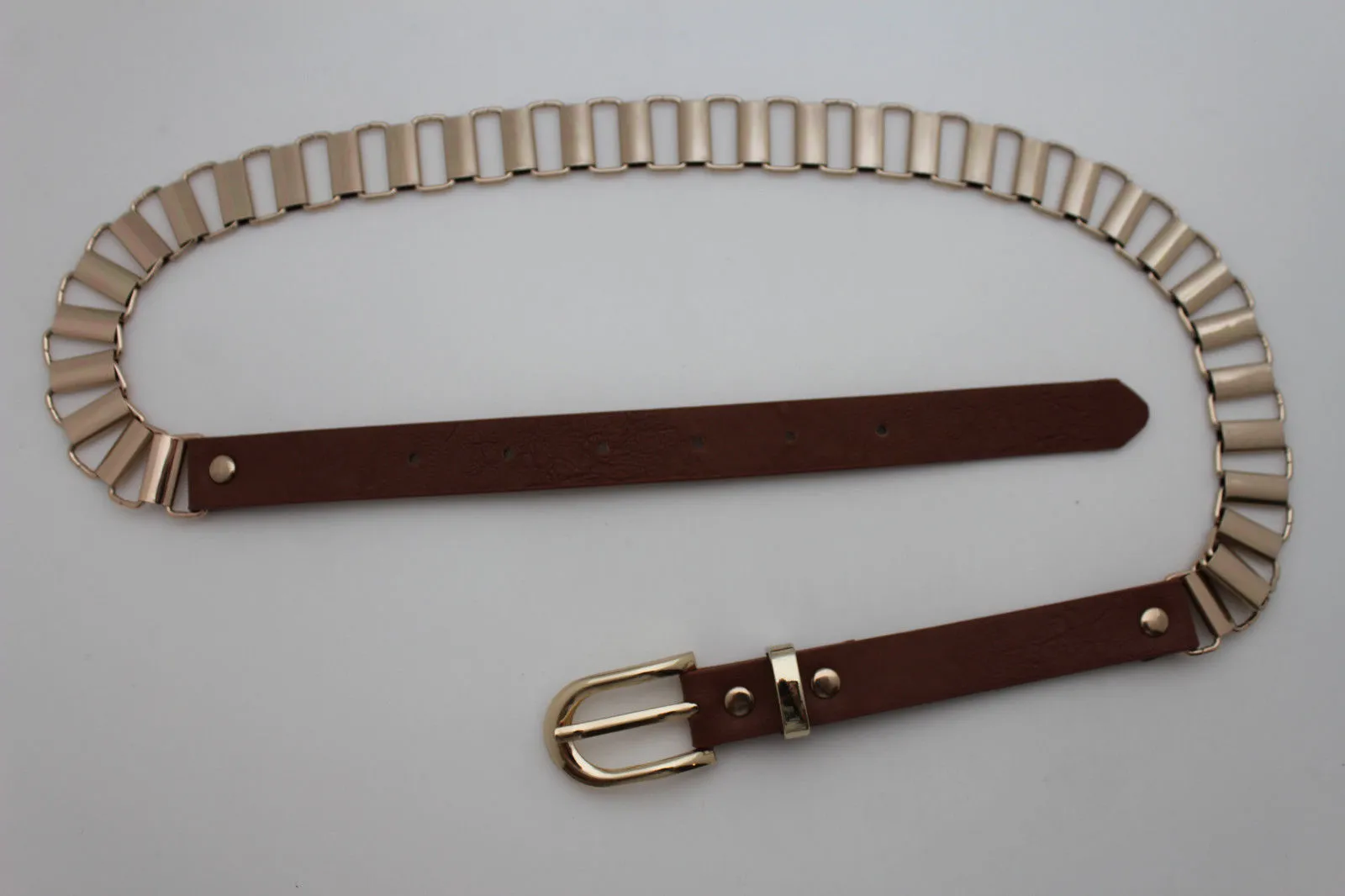 Faux Leather & Gold Metal Chain Links Skinny Belt S M