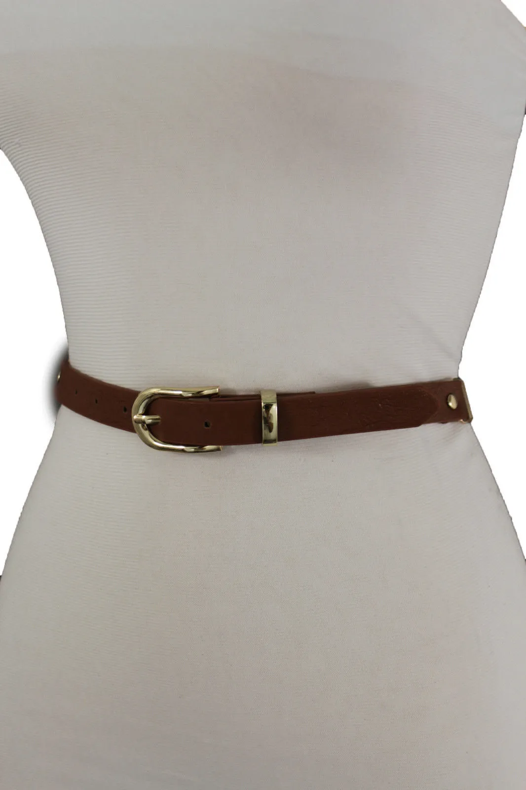 Faux Leather & Gold Metal Chain Links Skinny Belt S M