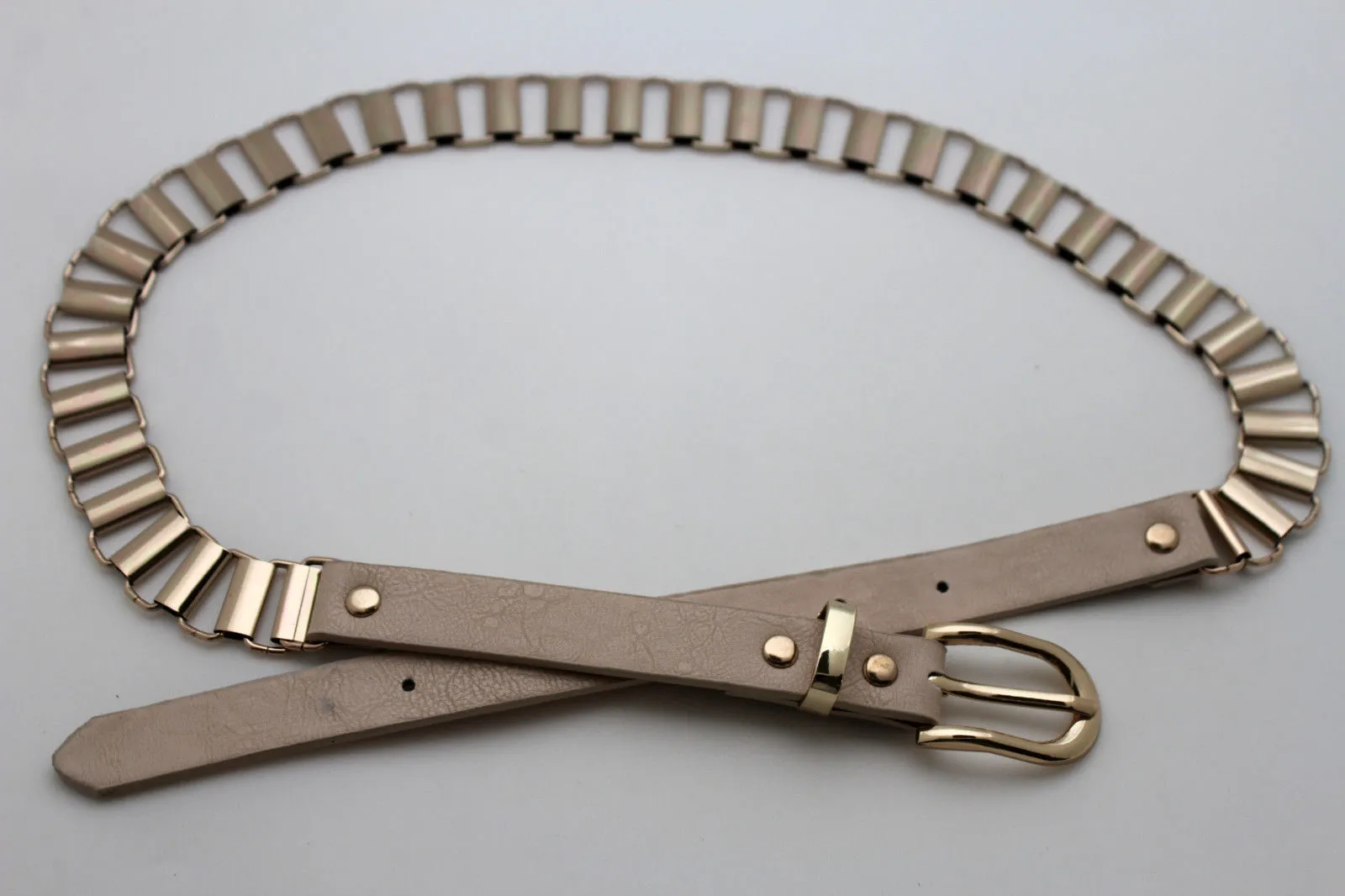 Faux Leather & Gold Metal Chain Links Skinny Belt S M