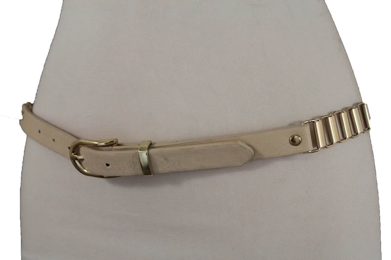 Faux Leather & Gold Metal Chain Links Skinny Belt S M