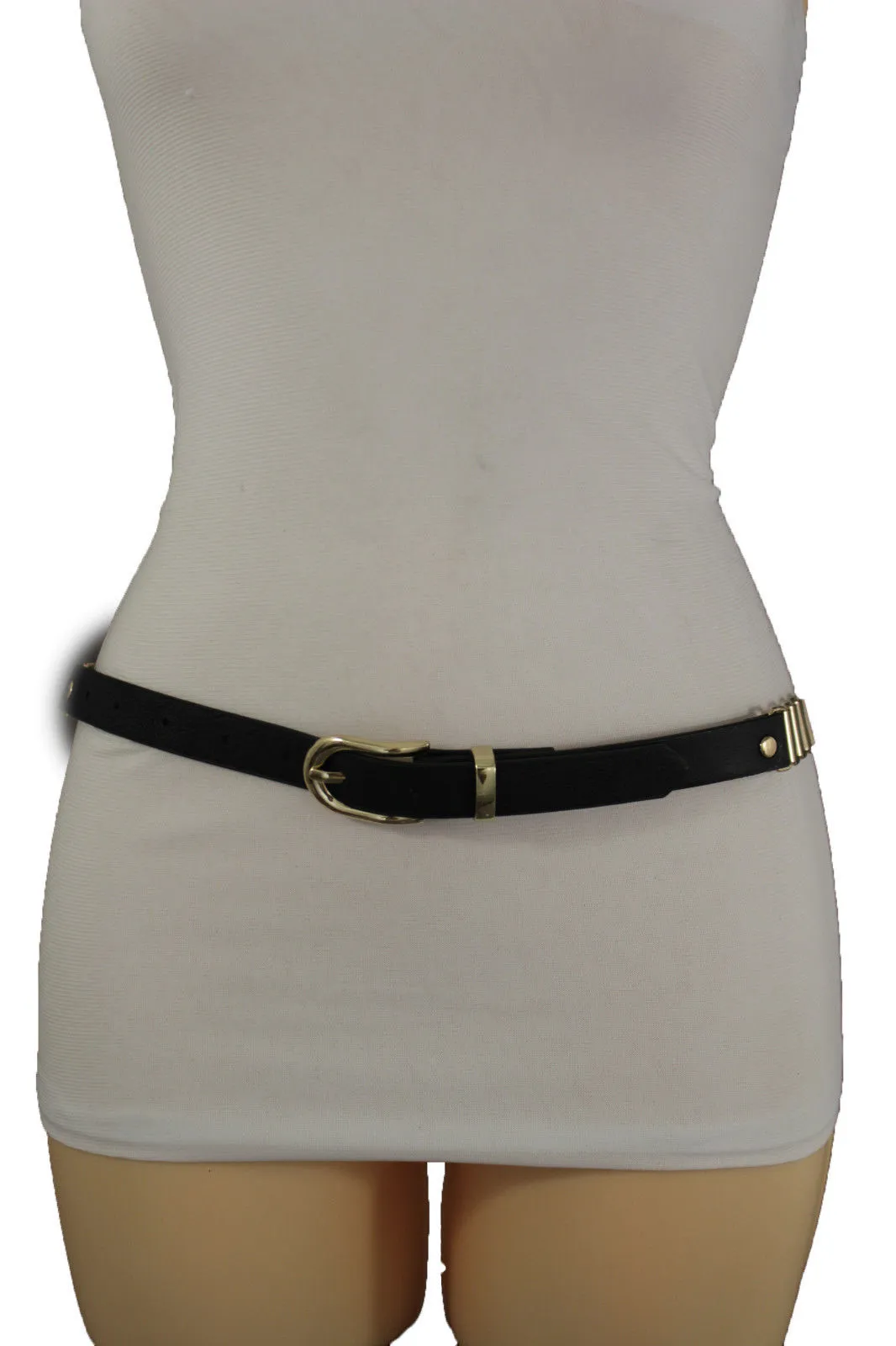 Faux Leather & Gold Metal Chain Links Skinny Belt S M