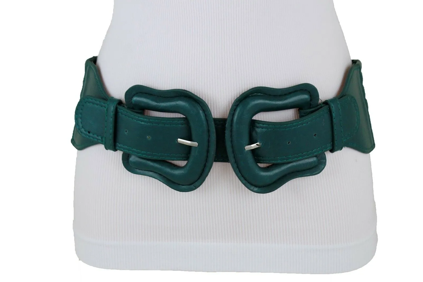 Faux Leather Double Buckle Elastic Waist Belt M L