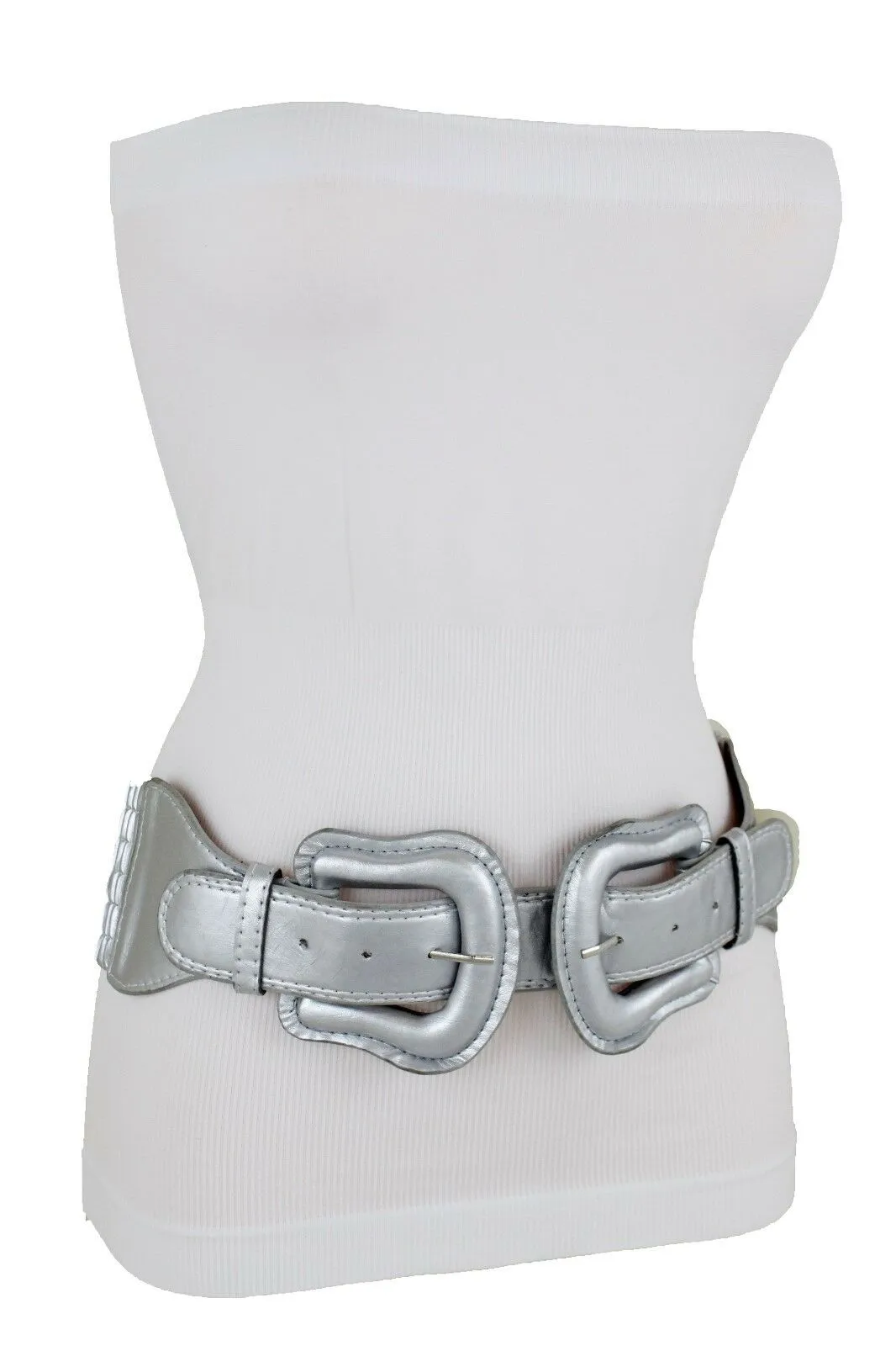 Faux Leather Double Buckle Elastic Waist Belt M L