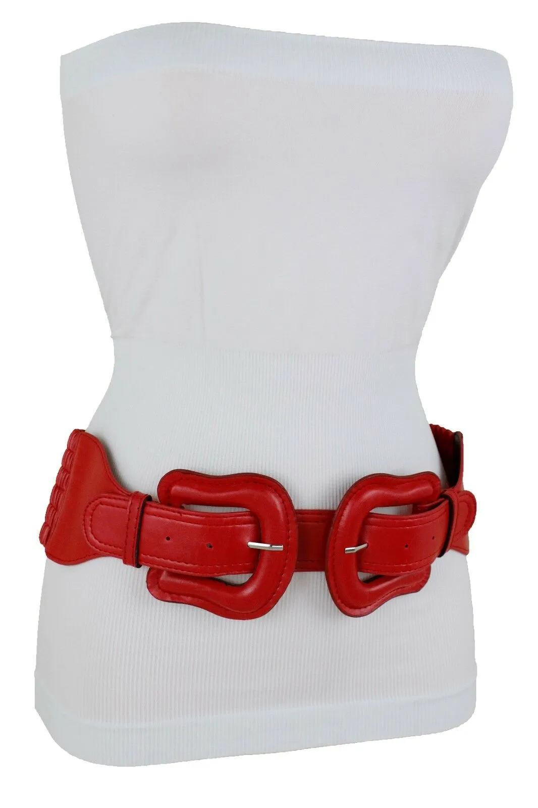 Faux Leather Double Buckle Elastic Waist Belt M L