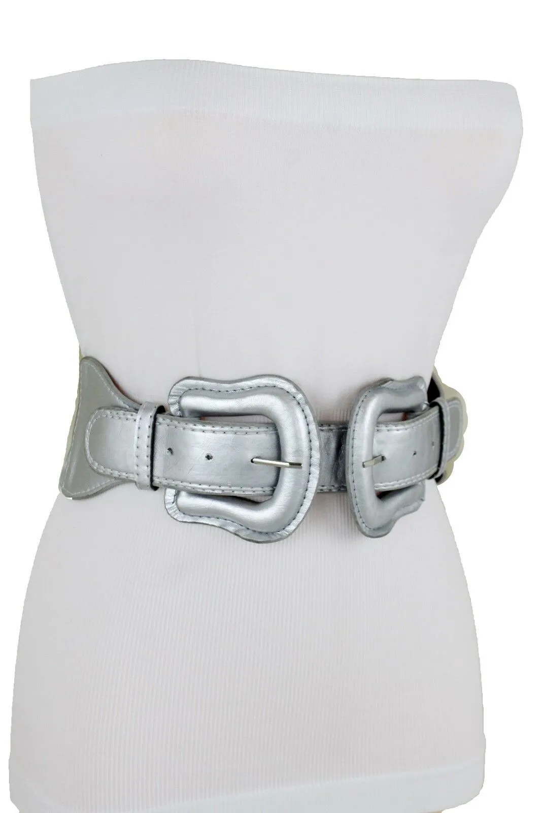 Faux Leather Double Buckle Elastic Waist Belt M L