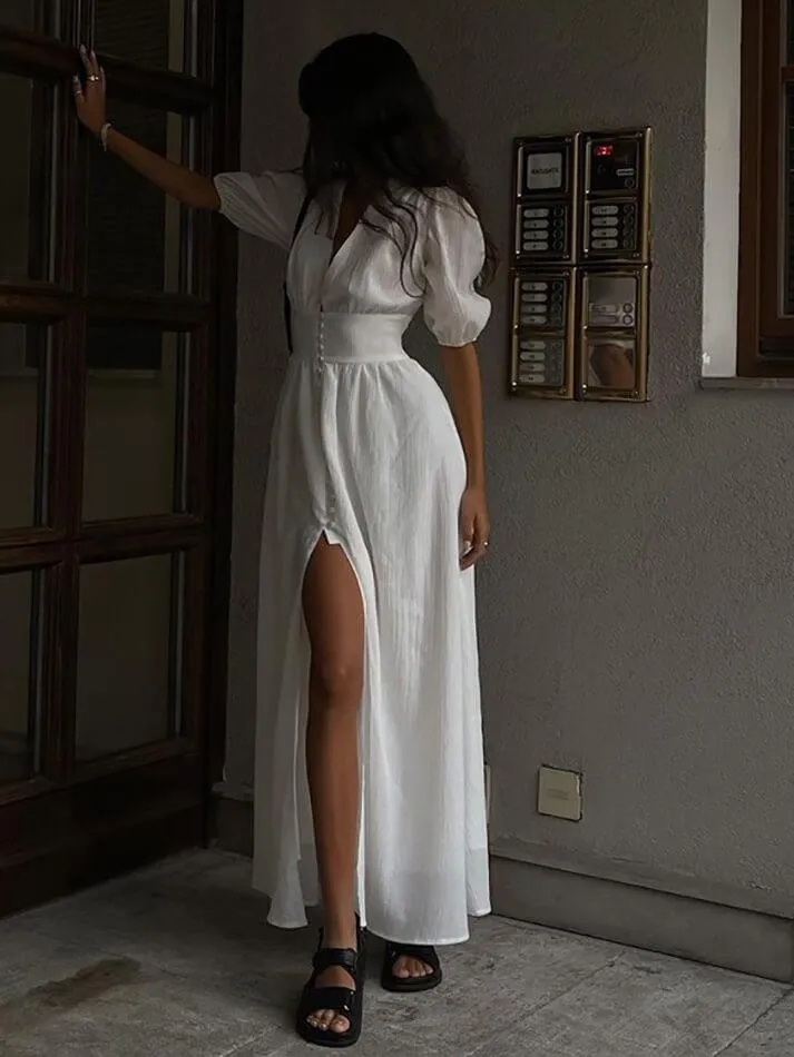 Frenchy Button Split Long Dress