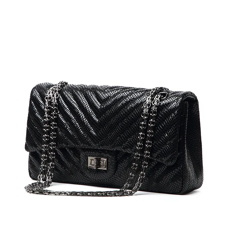 Genuine Caviar Leather Classic Flap Bag | Chain Strap Lock Bag, Leather Shoulder Purse, Diamond and V Geometric