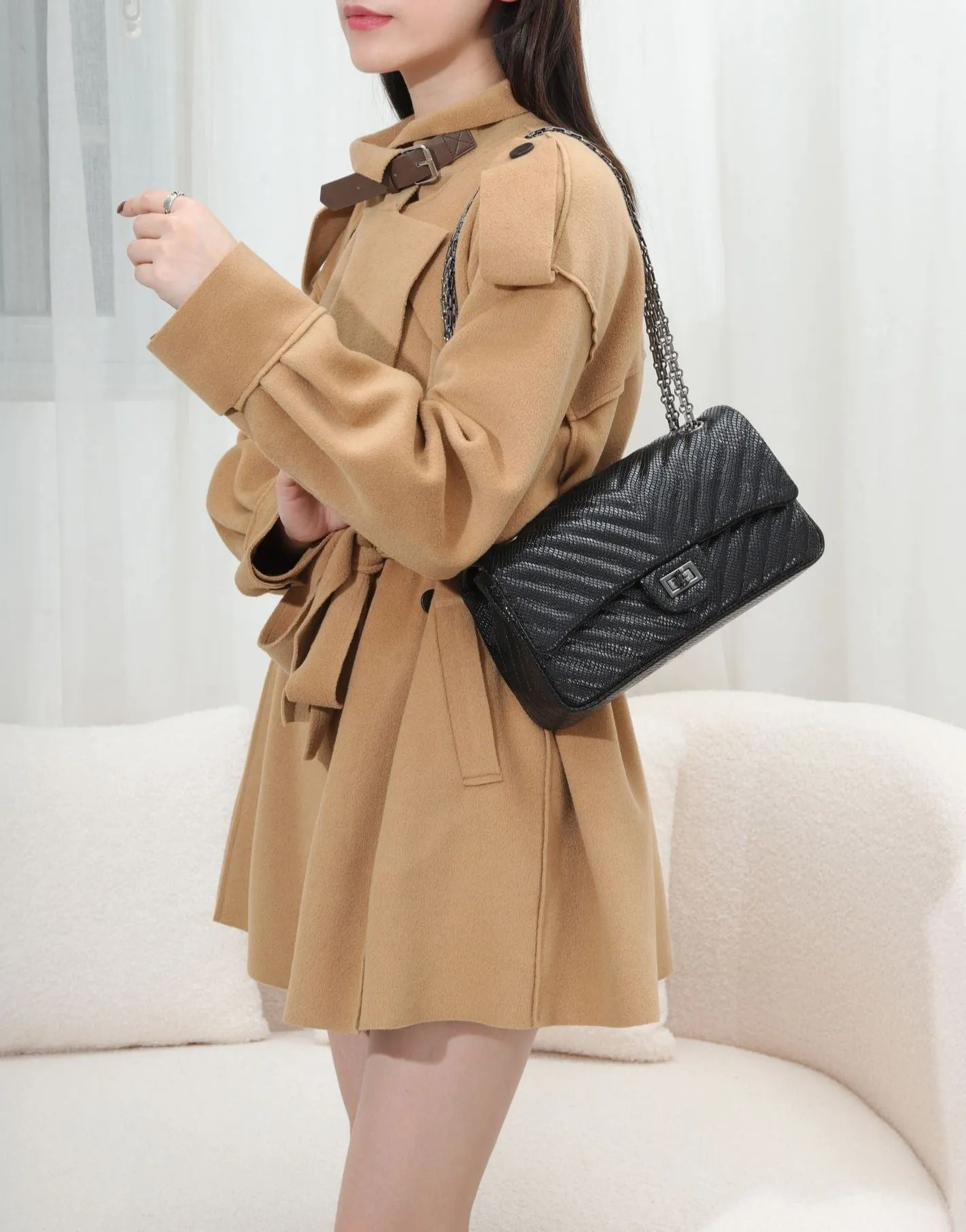 Genuine Caviar Leather Classic Flap Bag | Chain Strap Lock Bag, Leather Shoulder Purse, Diamond and V Geometric