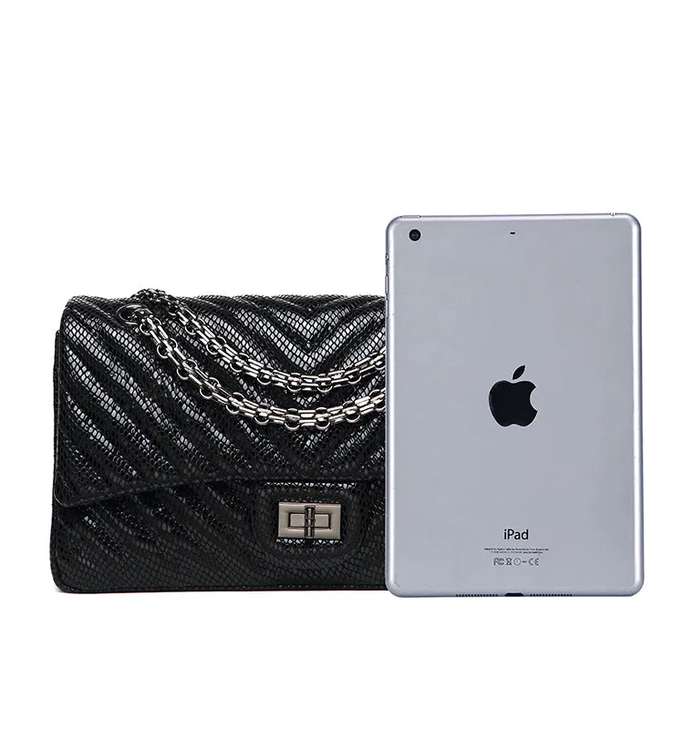 Genuine Caviar Leather Classic Flap Bag | Chain Strap Lock Bag, Leather Shoulder Purse, Diamond and V Geometric