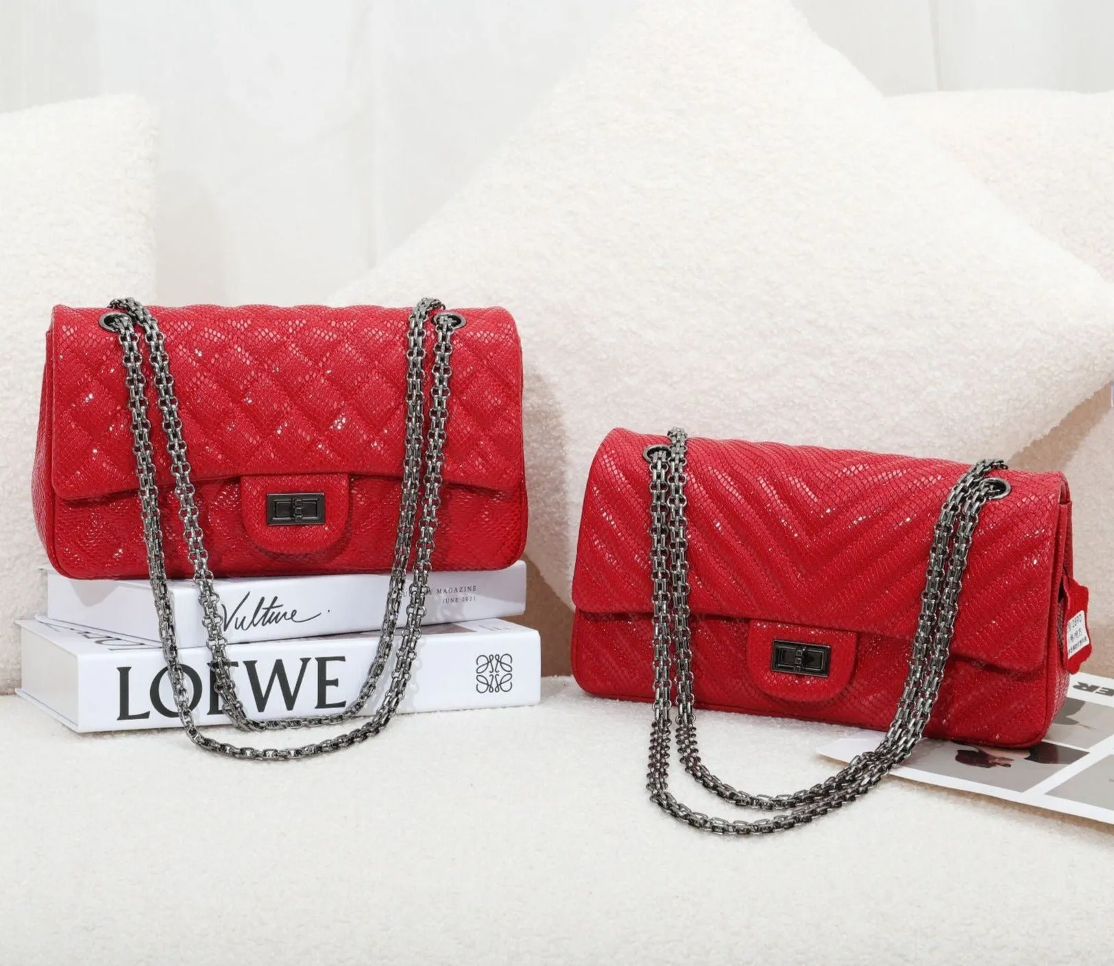 Genuine Caviar Leather Classic Flap Bag | Chain Strap Lock Bag, Leather Shoulder Purse, Diamond and V Geometric