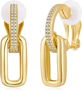 Gold Clip On Earrings For Women Matte Gold Plated Geometric Heart And Pearl Drop Earrings Clip Dangle Earrings