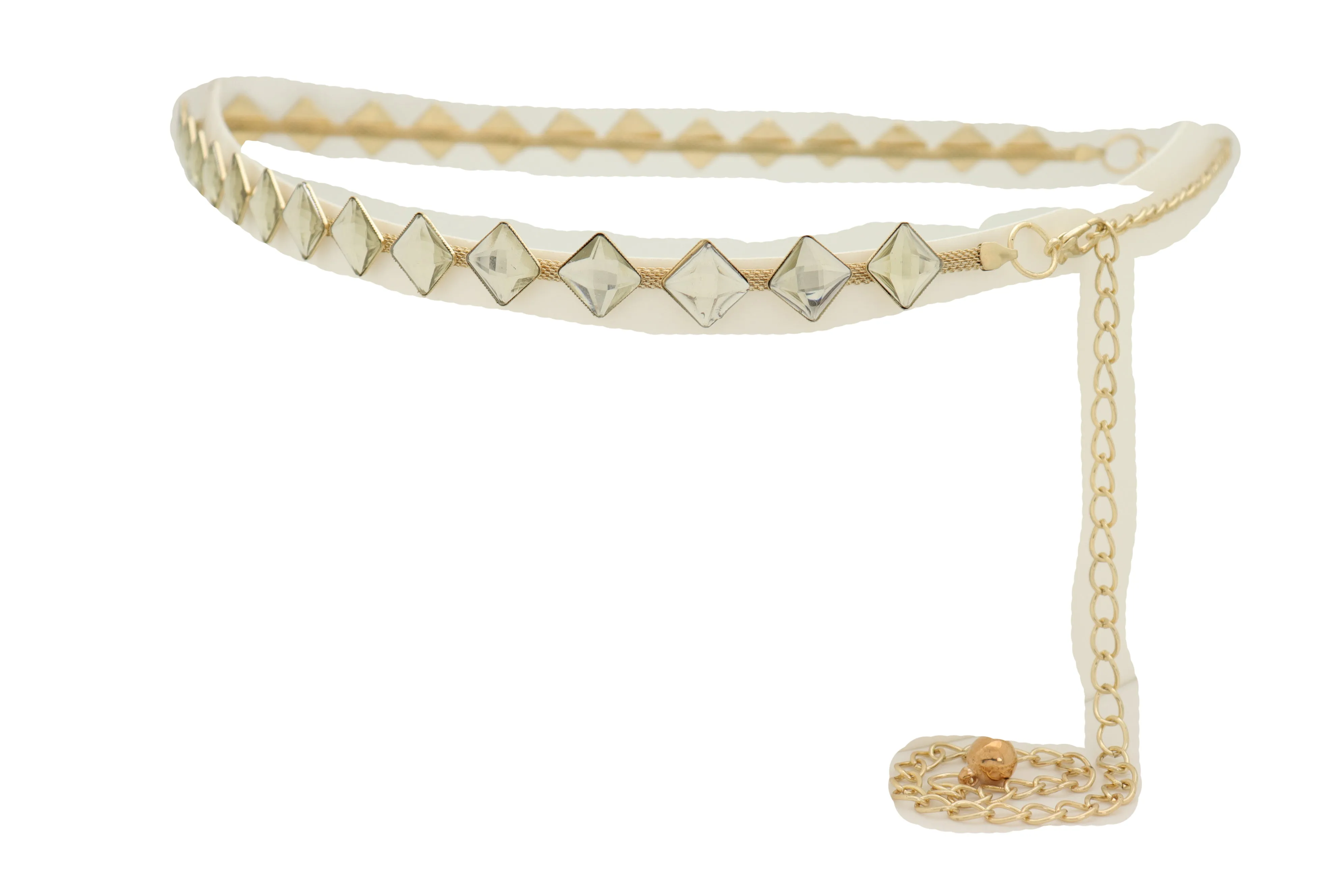 Gold Mesh Metal Skinny Waistband Fashion Belt Silver Square Bead Fit S M L