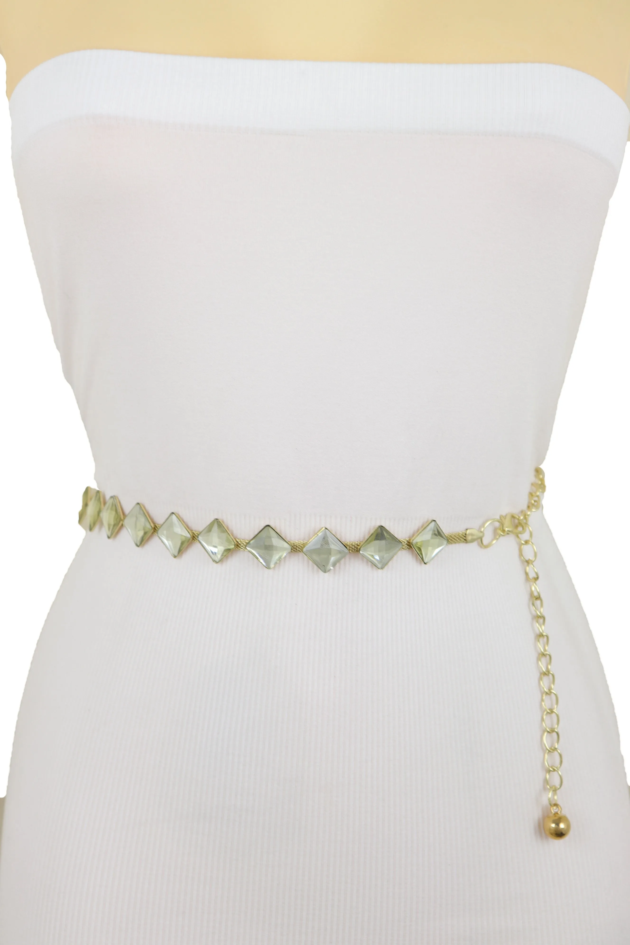 Gold Mesh Metal Skinny Waistband Fashion Belt Silver Square Bead Fit S M L