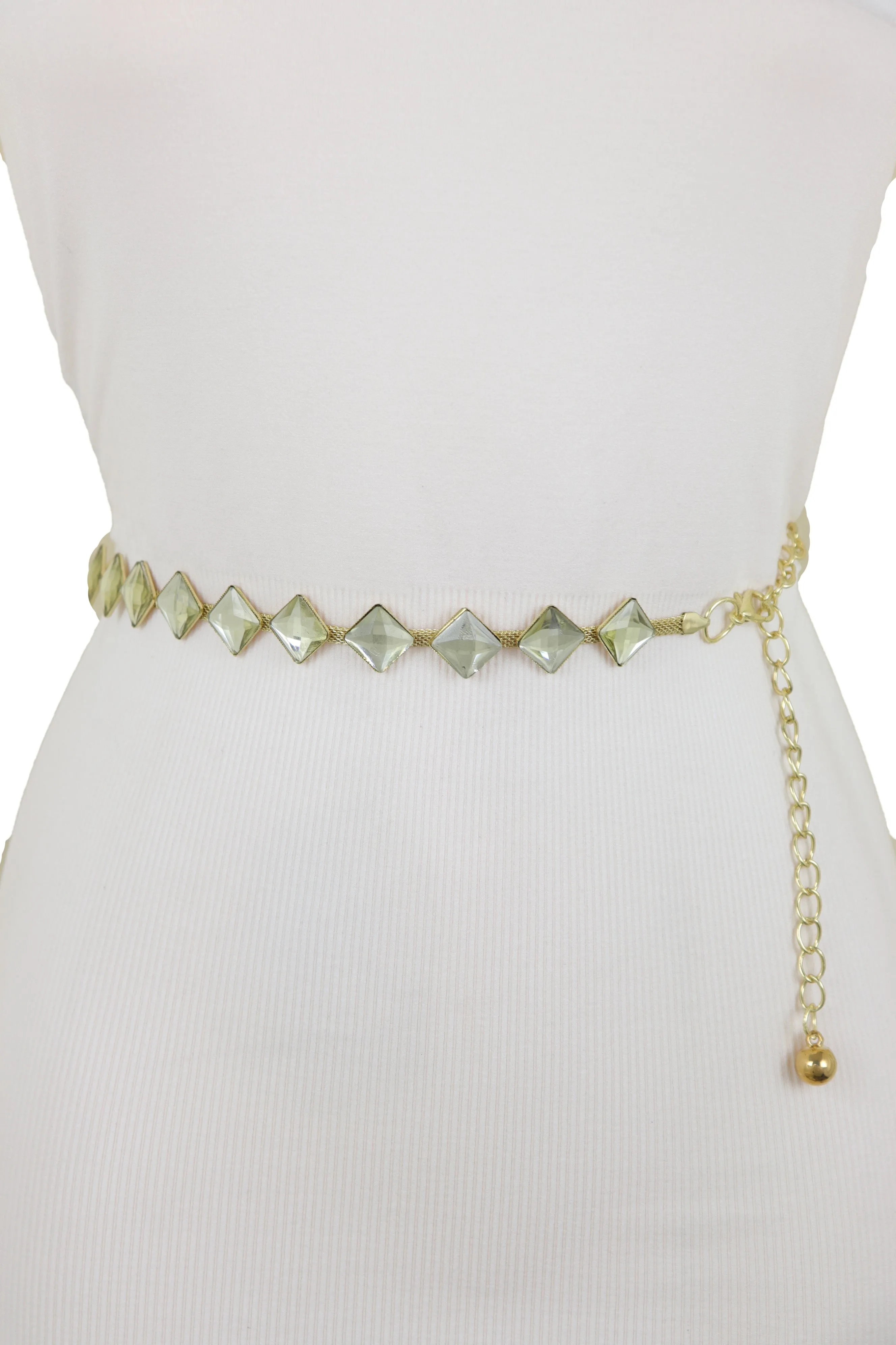 Gold Mesh Metal Skinny Waistband Fashion Belt Silver Square Bead Fit S M L