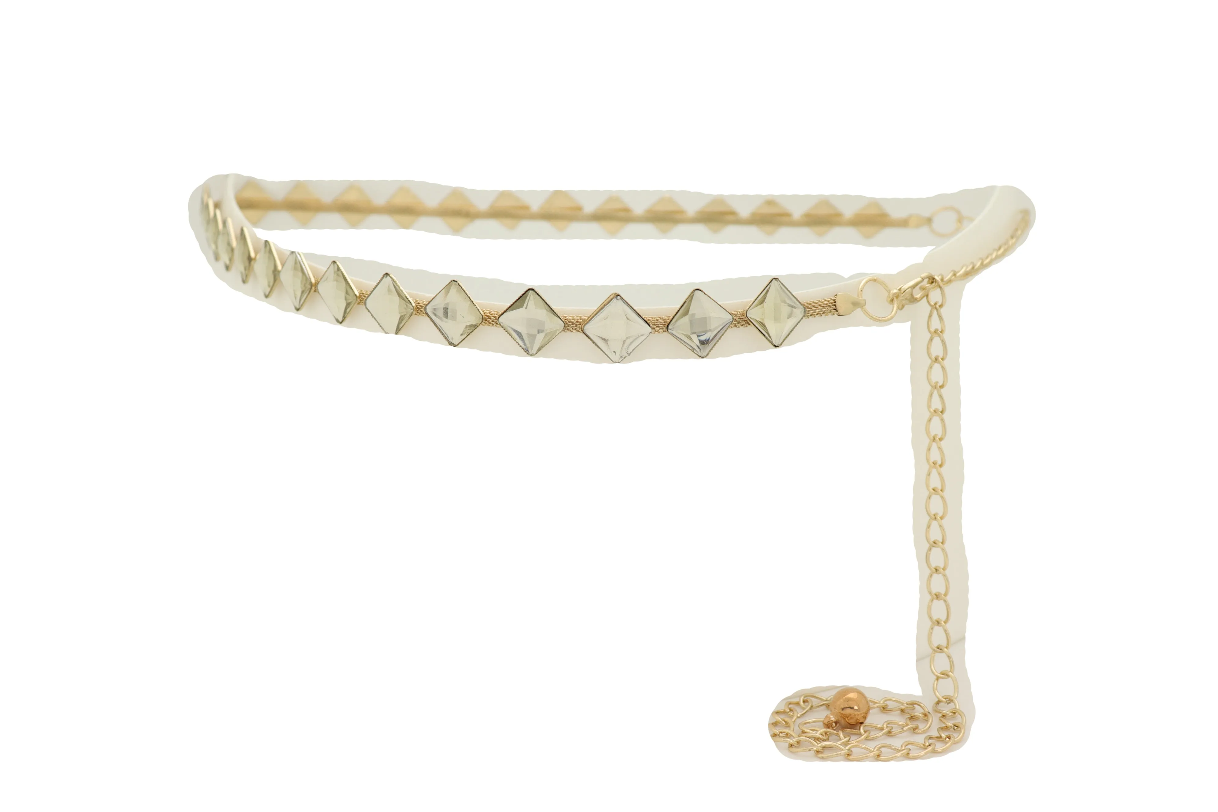 Gold Mesh Metal Skinny Waistband Fashion Belt Silver Square Bead Fit S M L