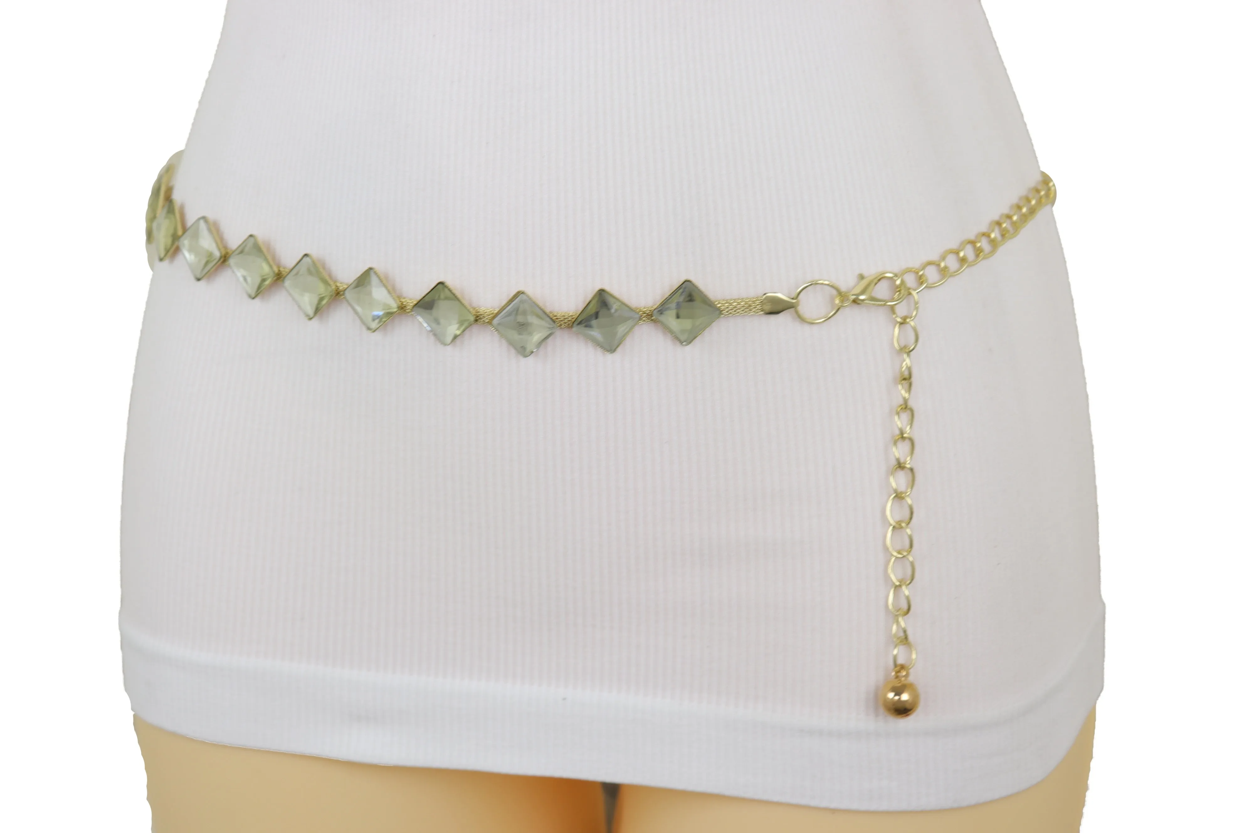 Gold Mesh Metal Skinny Waistband Fashion Belt Silver Square Bead Fit S M L