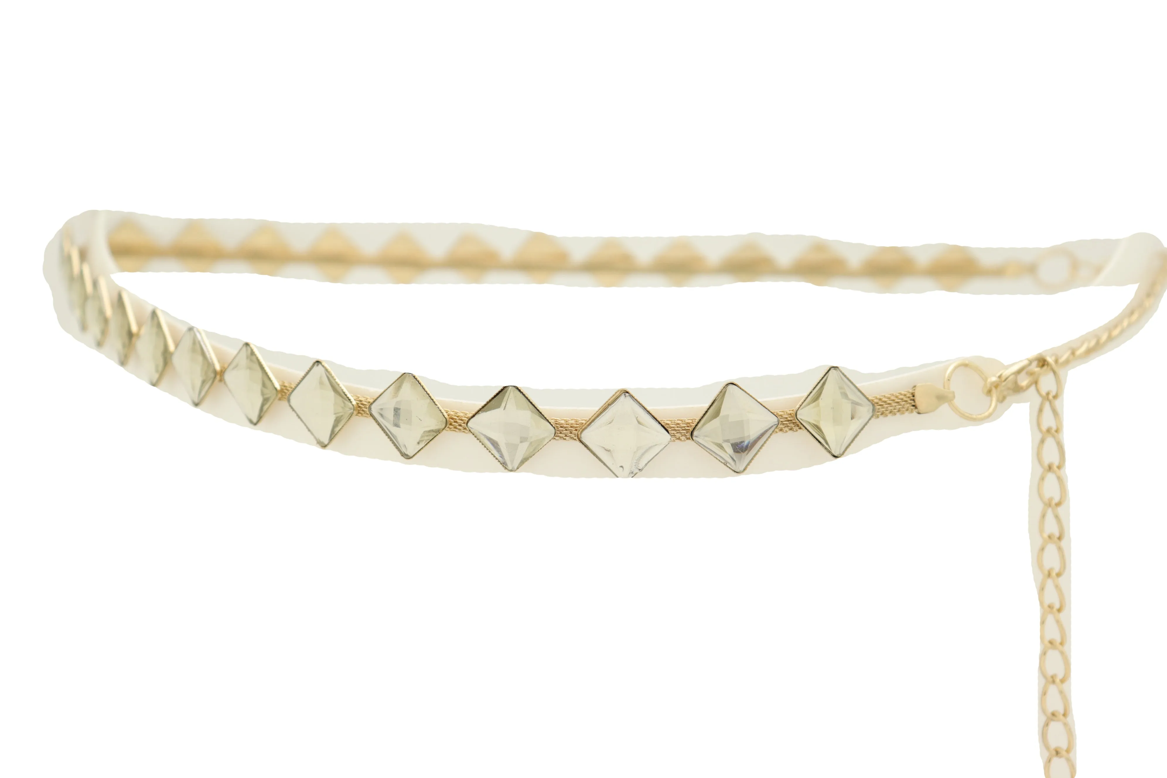 Gold Mesh Metal Skinny Waistband Fashion Belt Silver Square Bead Fit S M L