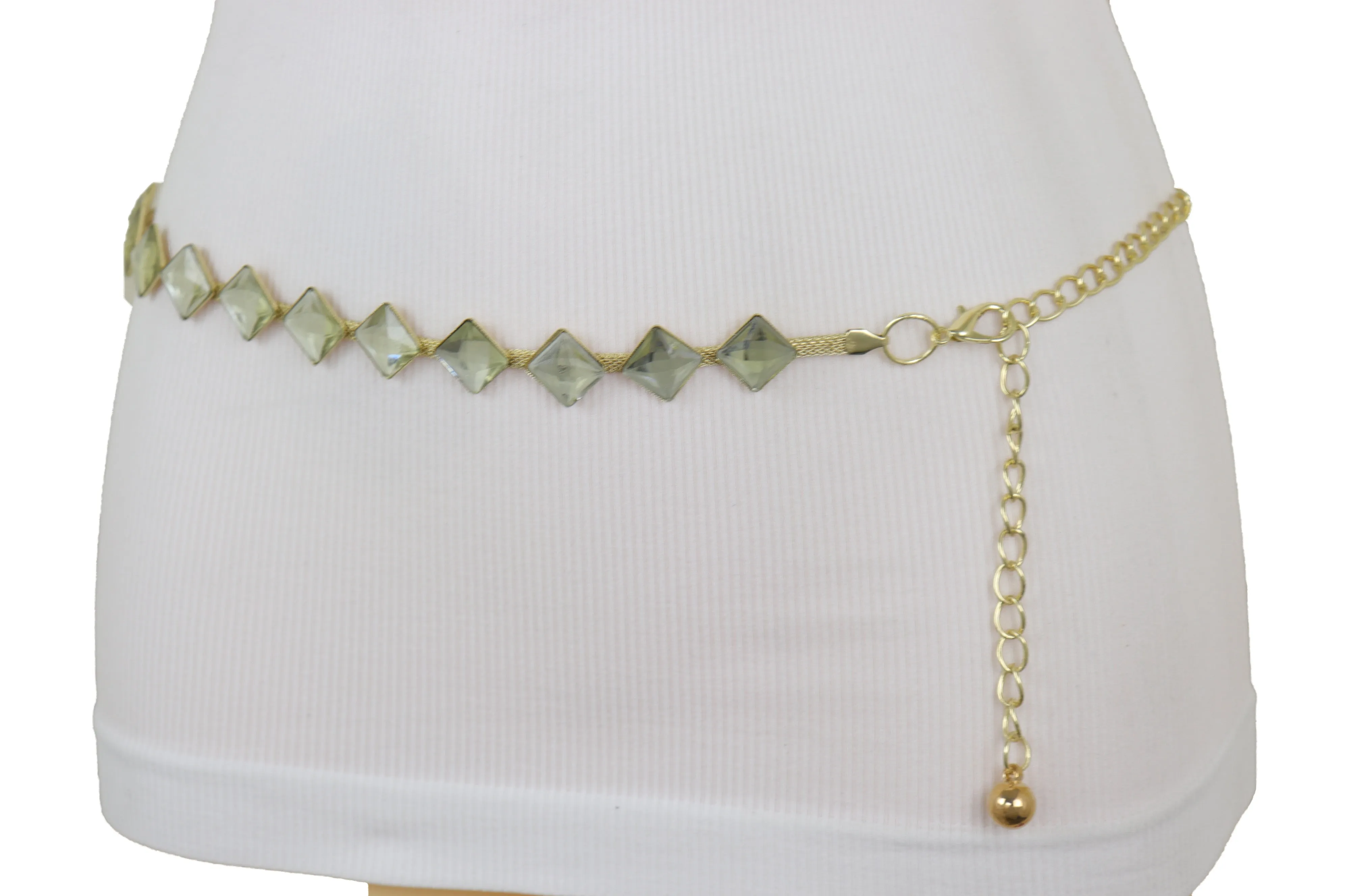Gold Mesh Metal Skinny Waistband Fashion Belt Silver Square Bead Fit S M L