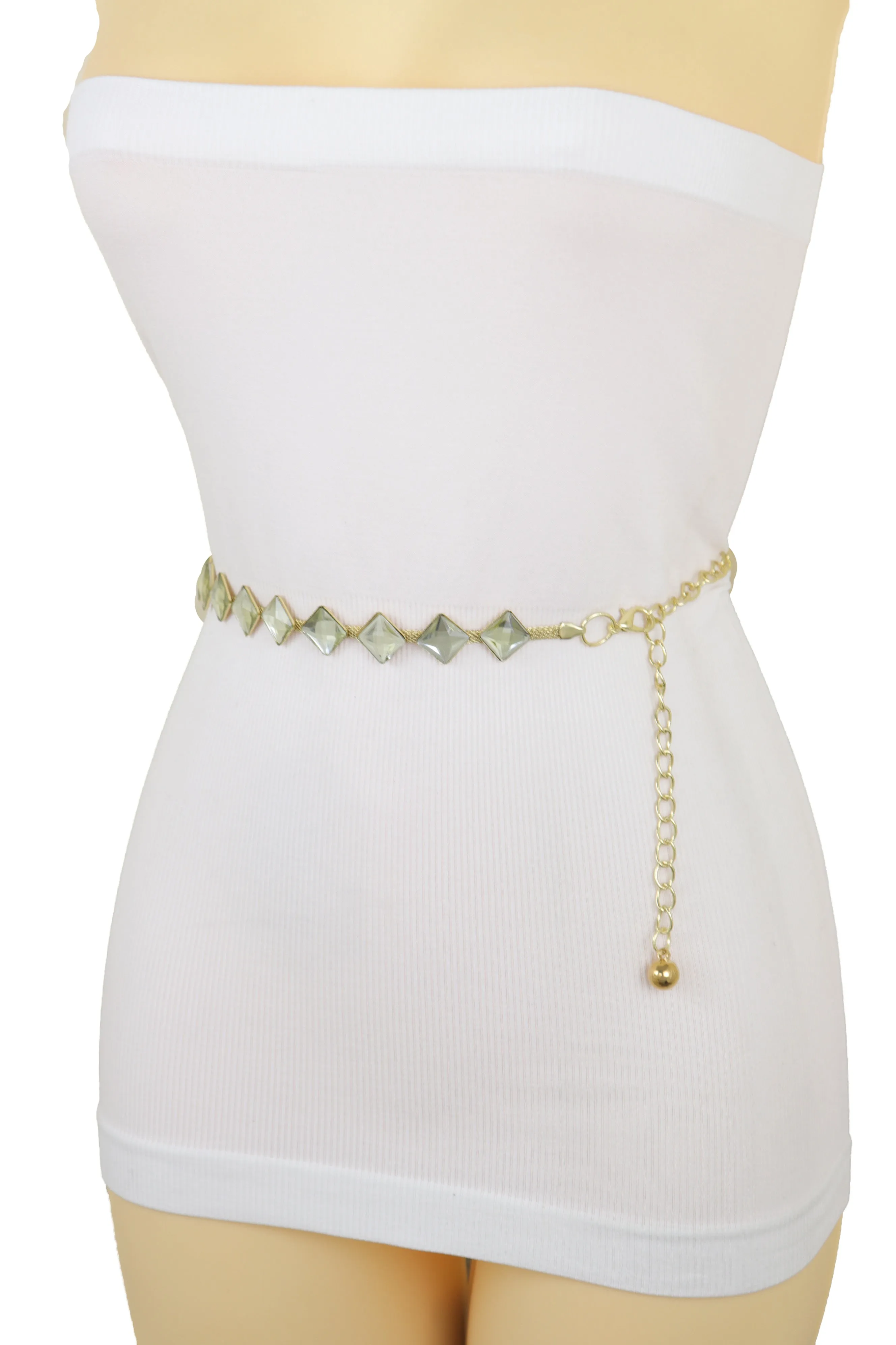Gold Mesh Metal Skinny Waistband Fashion Belt Silver Square Bead Fit S M L