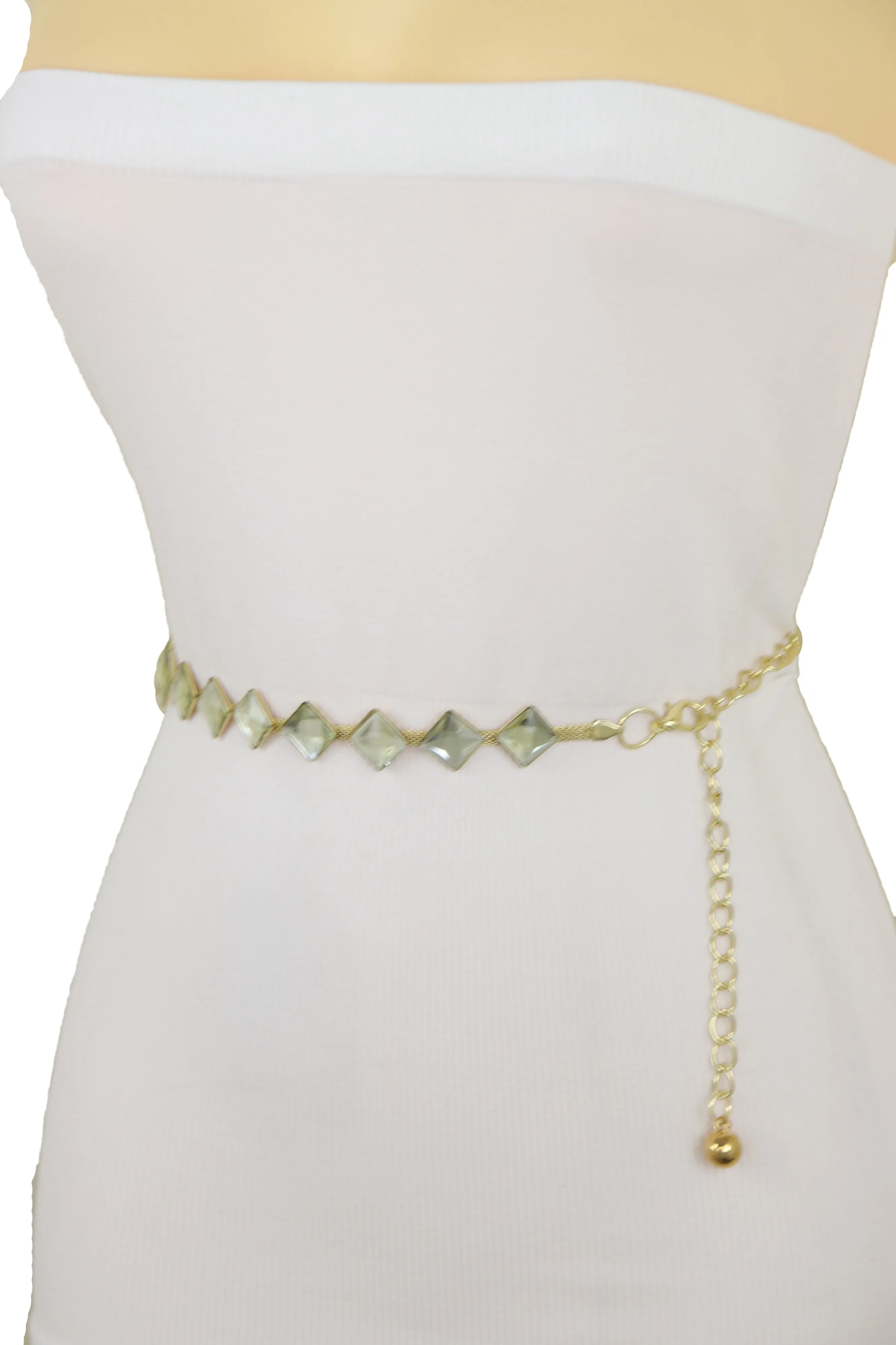 Gold Mesh Metal Skinny Waistband Fashion Belt Silver Square Bead Fit S M L