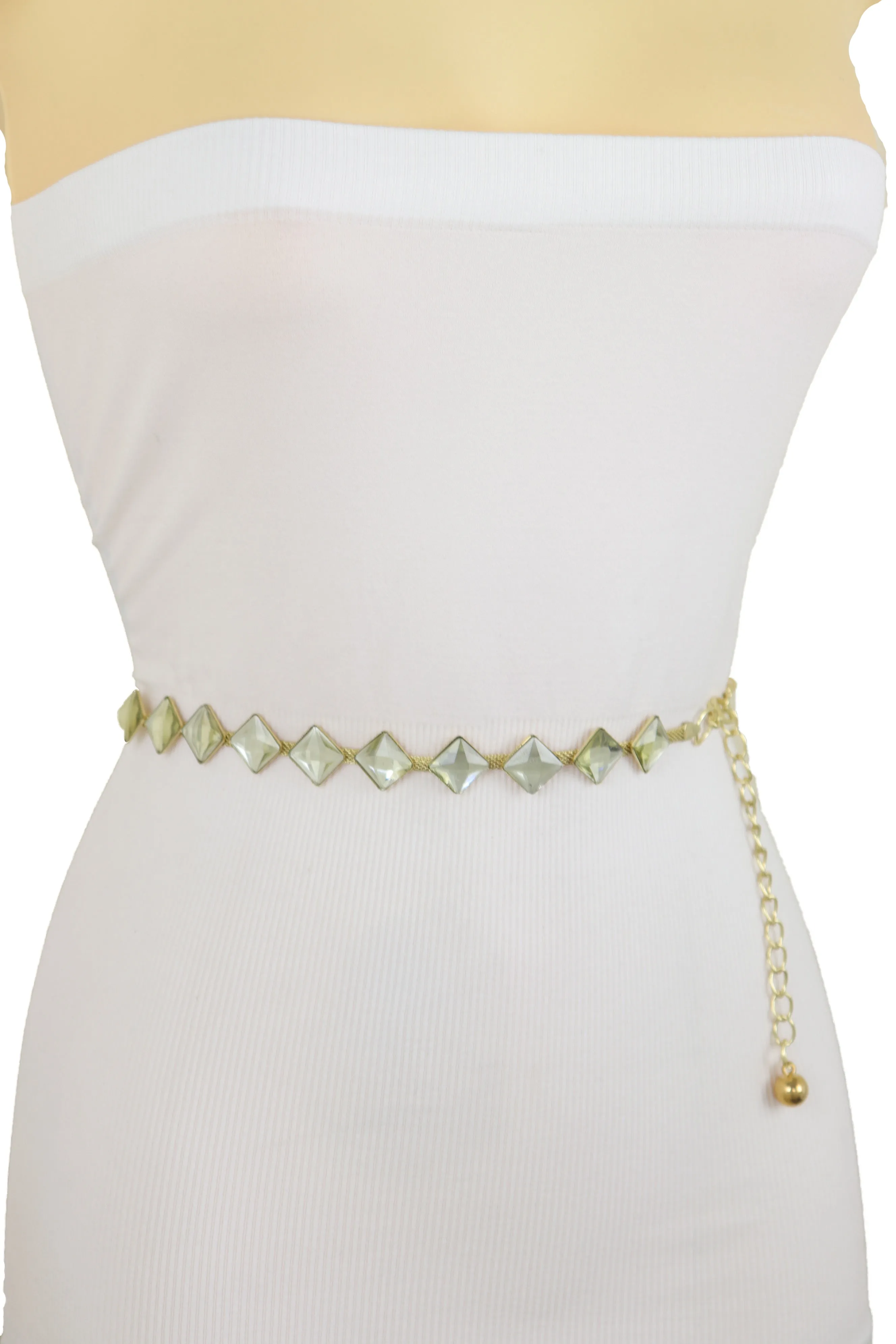 Gold Mesh Metal Skinny Waistband Fashion Belt Silver Square Bead Fit S M L